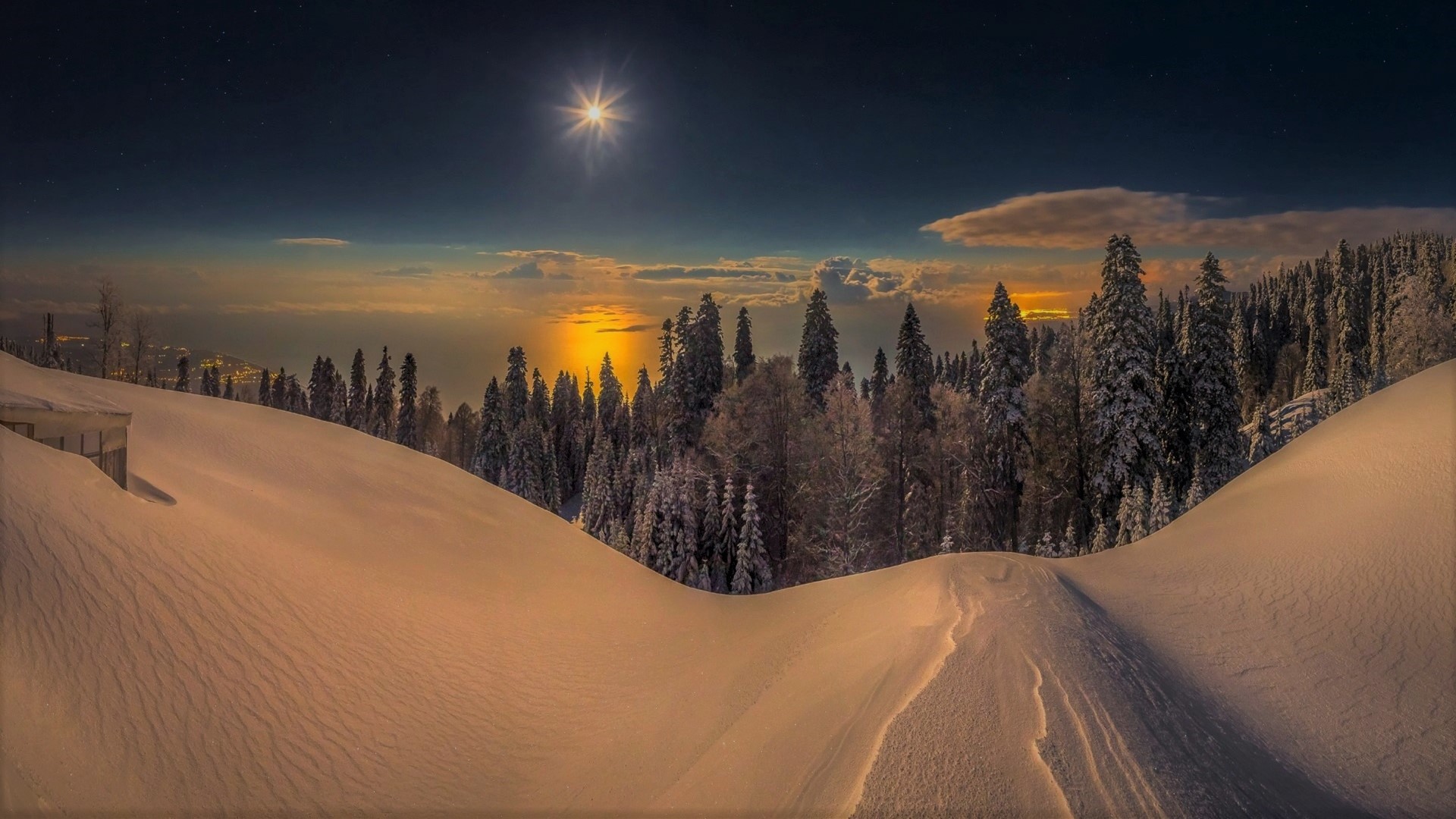 Free download wallpaper Winter, Sunset, Snow, Mountain, Lake, Forest, Earth on your PC desktop