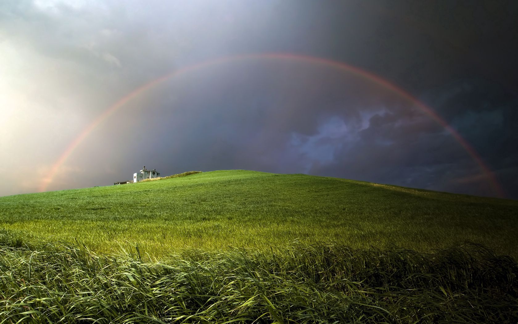Download mobile wallpaper Clouds, Overcast, Mainly Cloudy, Hill, Nature, Meadow, Rainbow for free.