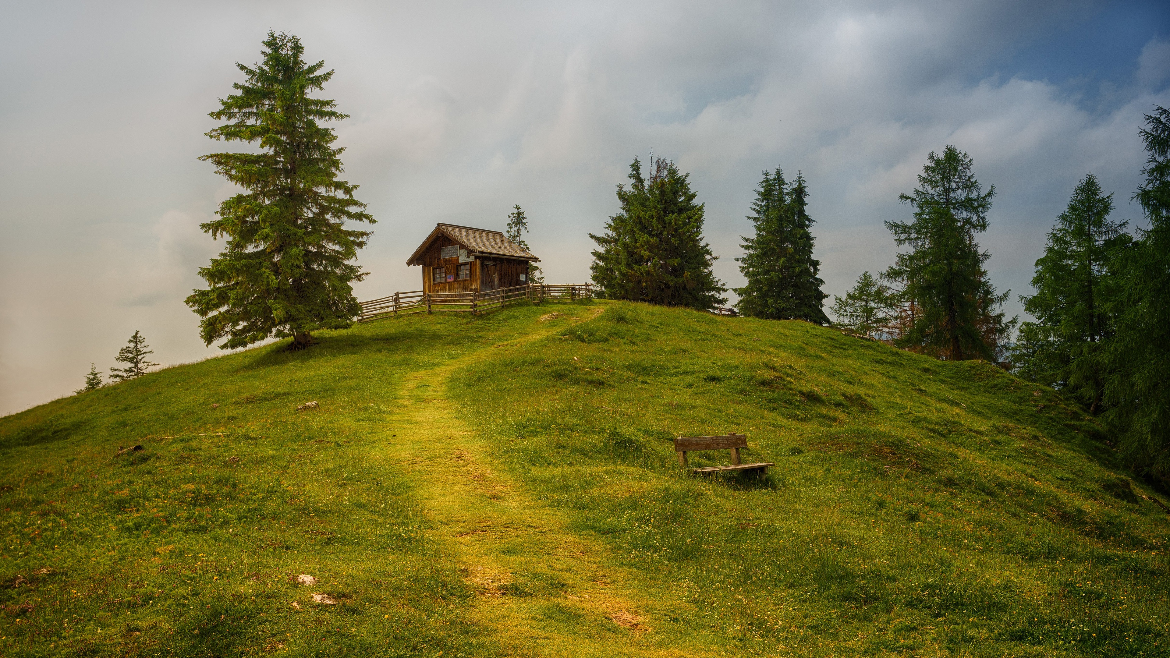 Download mobile wallpaper Landscape, Path, Fence, Hill, Bench, Cloud, Meadow, Photography for free.
