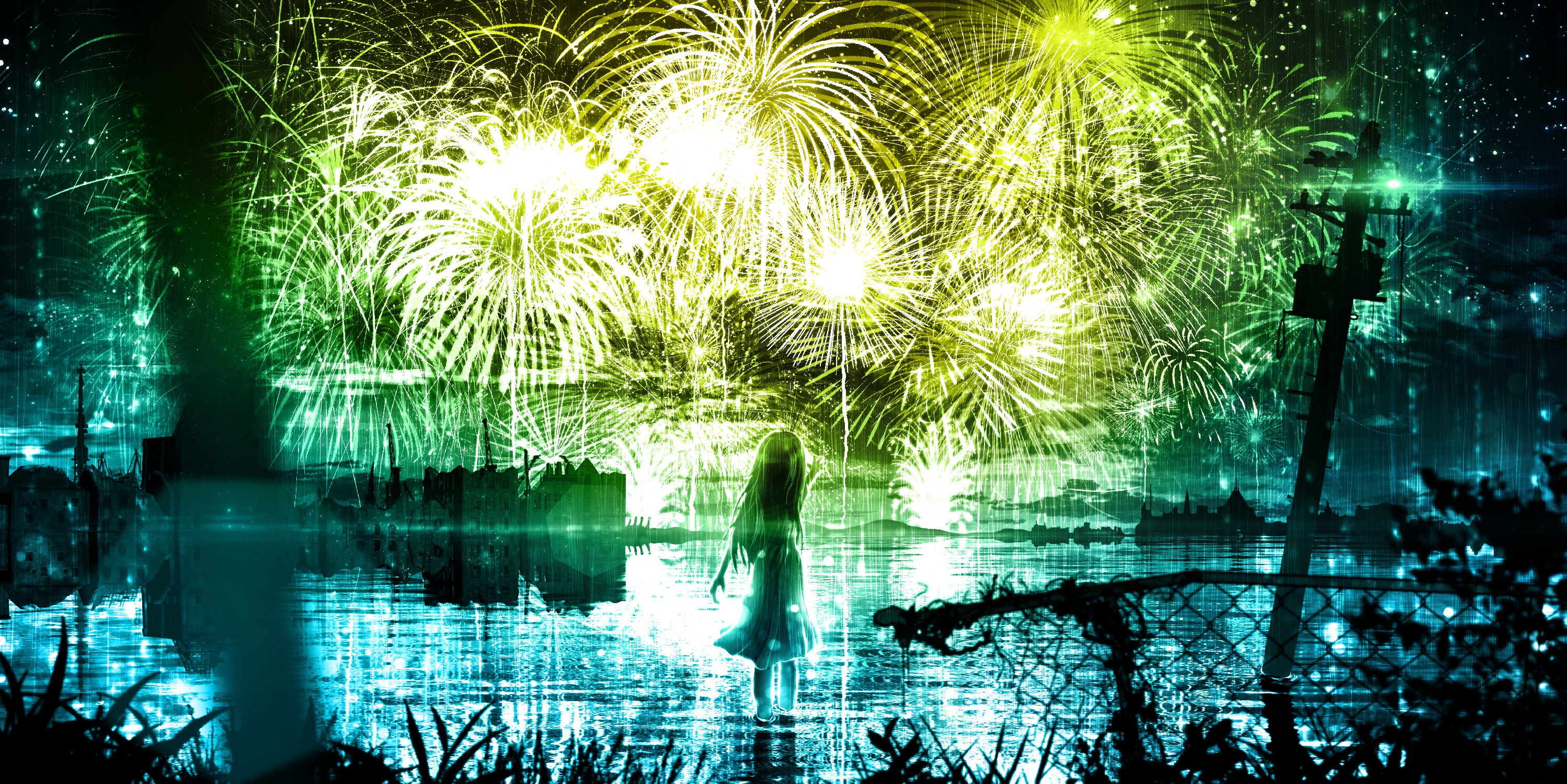 Download mobile wallpaper Anime, Night, Lake, Fireworks, Original for free.