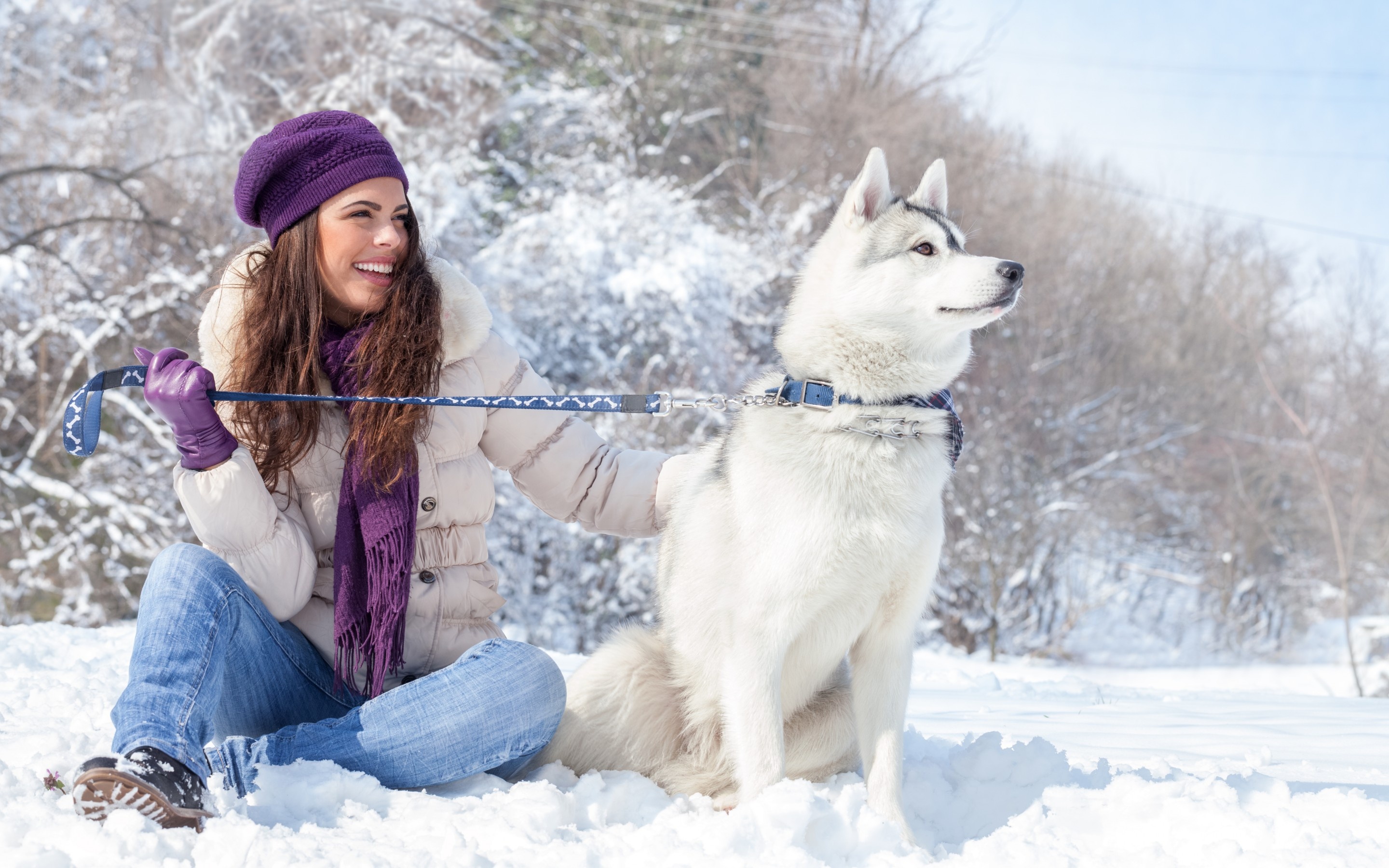 Laden Sie das Winter, Hund, Lächeln, Stimmung, Hut, Modell, Frauen, Schlittenhund-Bild kostenlos auf Ihren PC-Desktop herunter