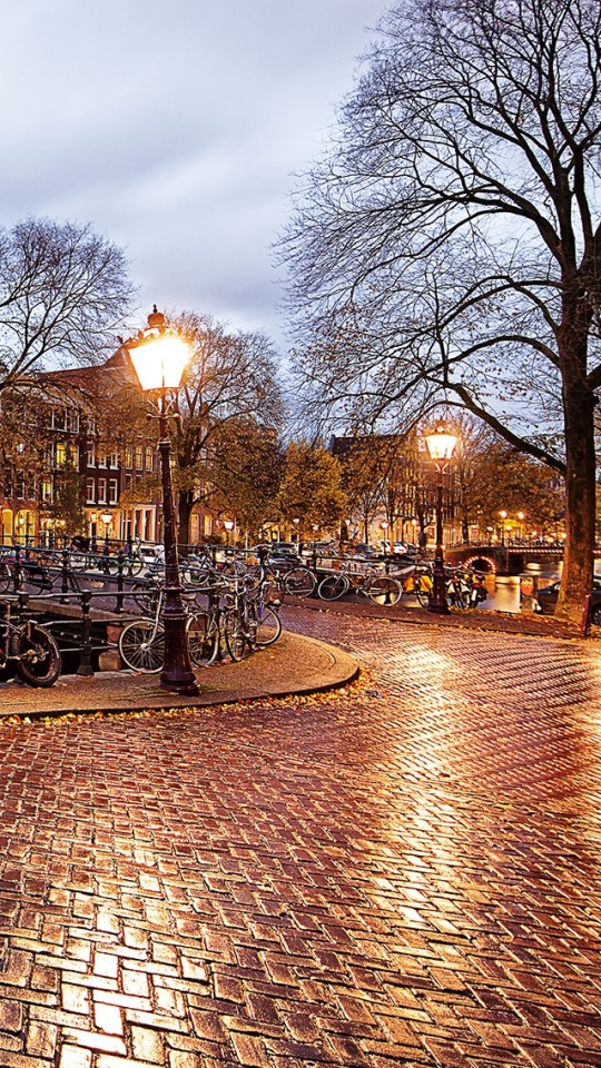 Скачать картинку Города, Дождь, Отражение, Свет, Велосипед, Нидерланды, Амстердам, Легкий, Сделано Человеком в телефон бесплатно.