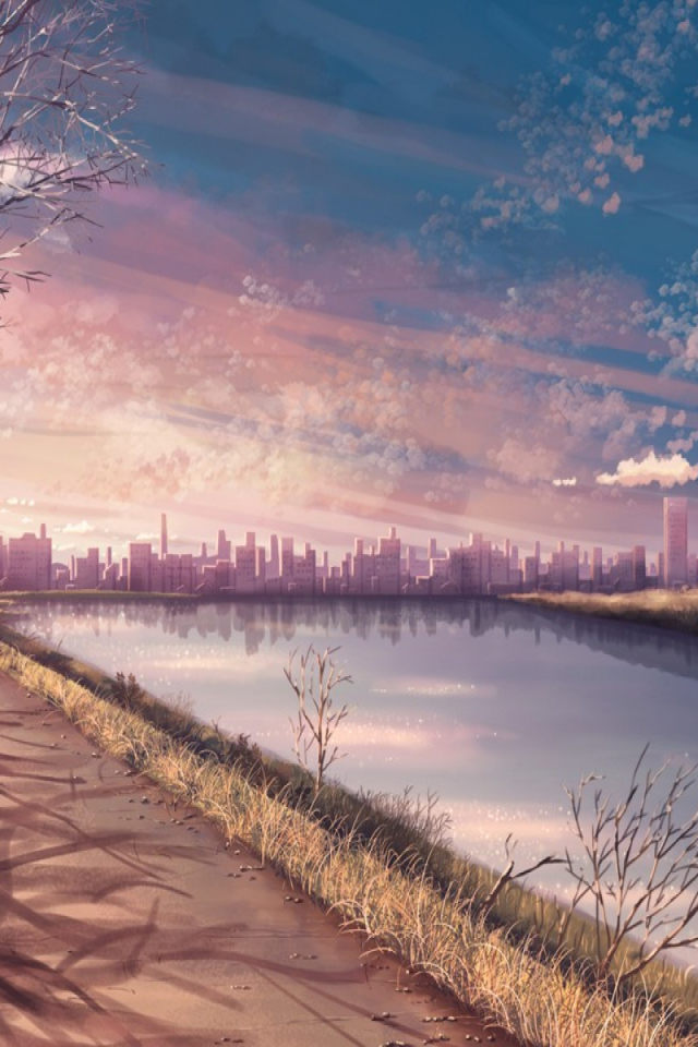 Download mobile wallpaper Anime, Landscape, Sunset, Sky, City, Tree, River for free.