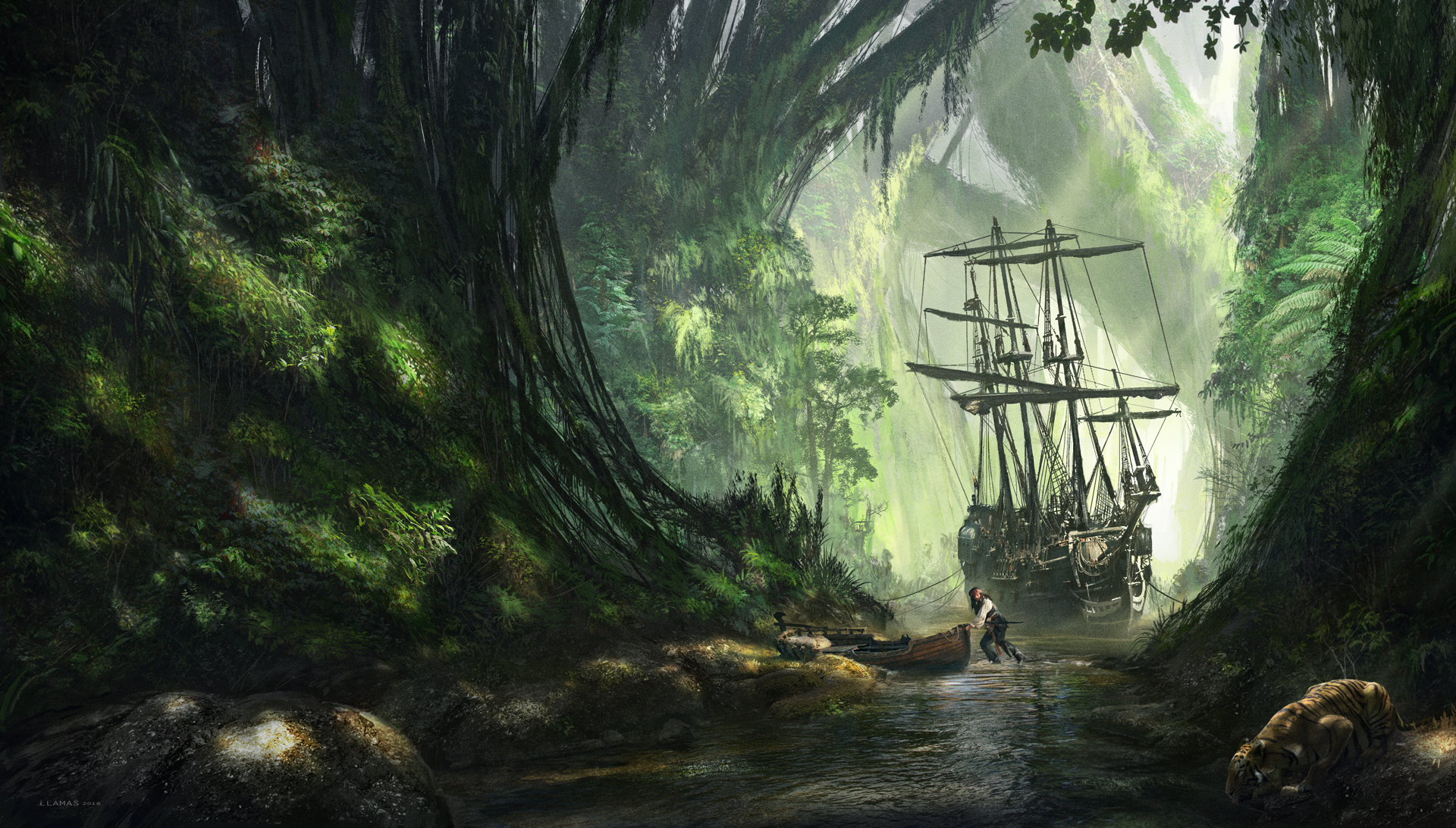 Free download wallpaper Fantasy, Forest, Tiger, Ship, River, Pirate, Jack Sparrow on your PC desktop