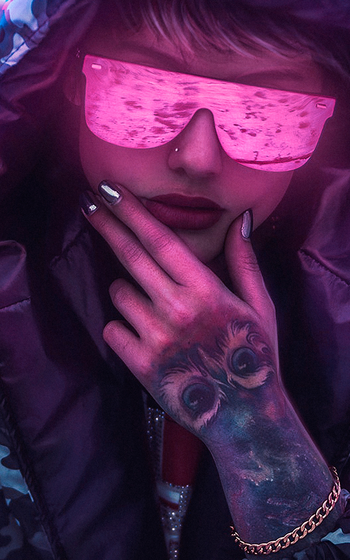 Download mobile wallpaper Cyberpunk, Tattoo, Sci Fi, Hood, Sunglasses, Lipstick for free.