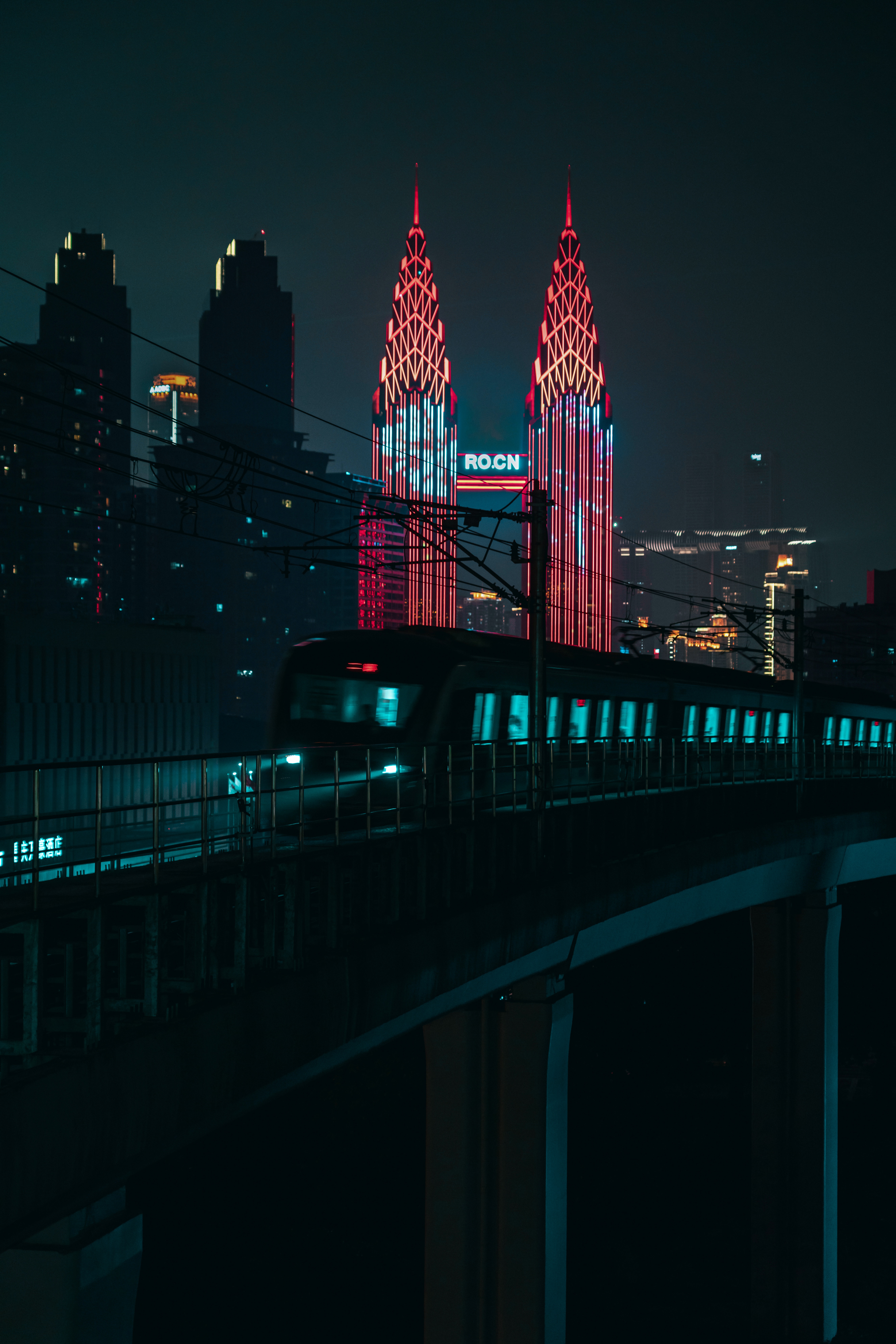 night city, train, cities, architecture, building, backlight, illumination wallpapers for tablet