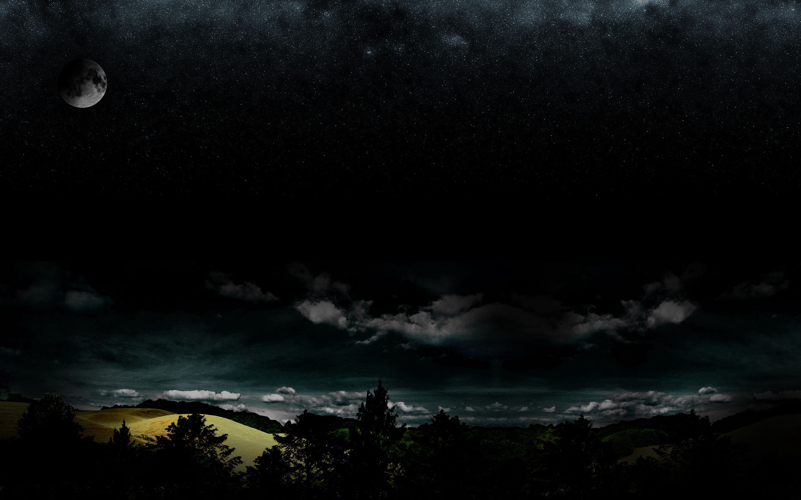 darkness, full moon, clouds, stars, dark, night, forest HD wallpaper
