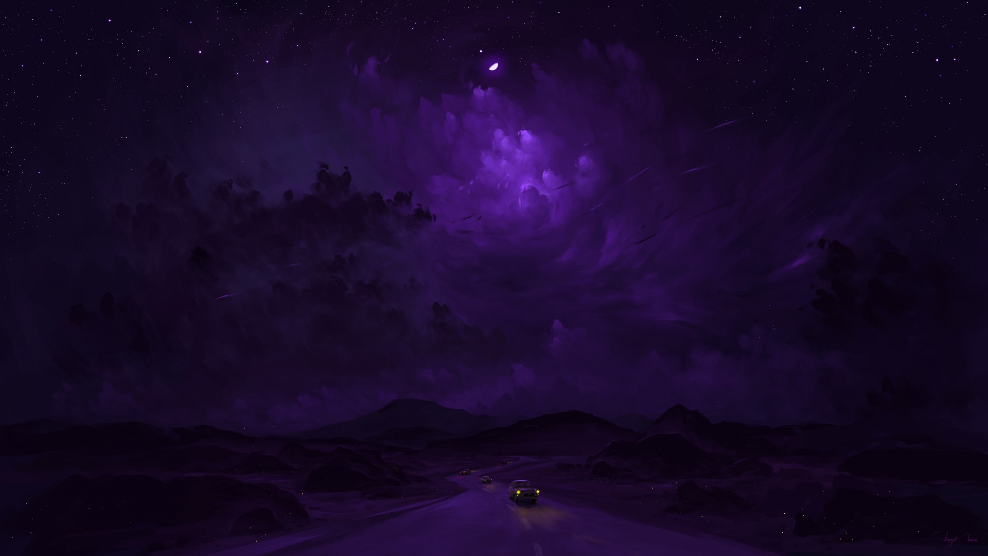 Download mobile wallpaper Sky, Night, Car, Artistic for free.