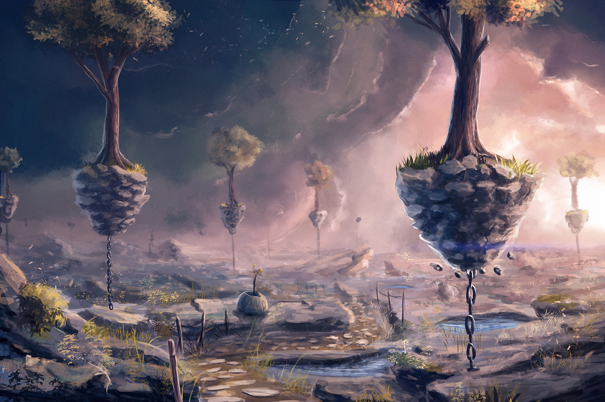 Free download wallpaper Landscape, Fantasy, Tree, Chain, Floating Island on your PC desktop