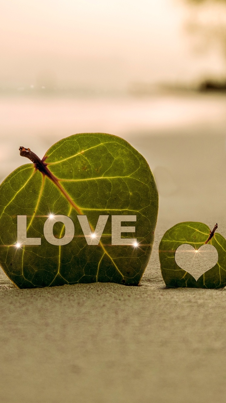 Download mobile wallpaper Beach, Sand, Love, Leaf, Heart, Artistic, Romantic for free.