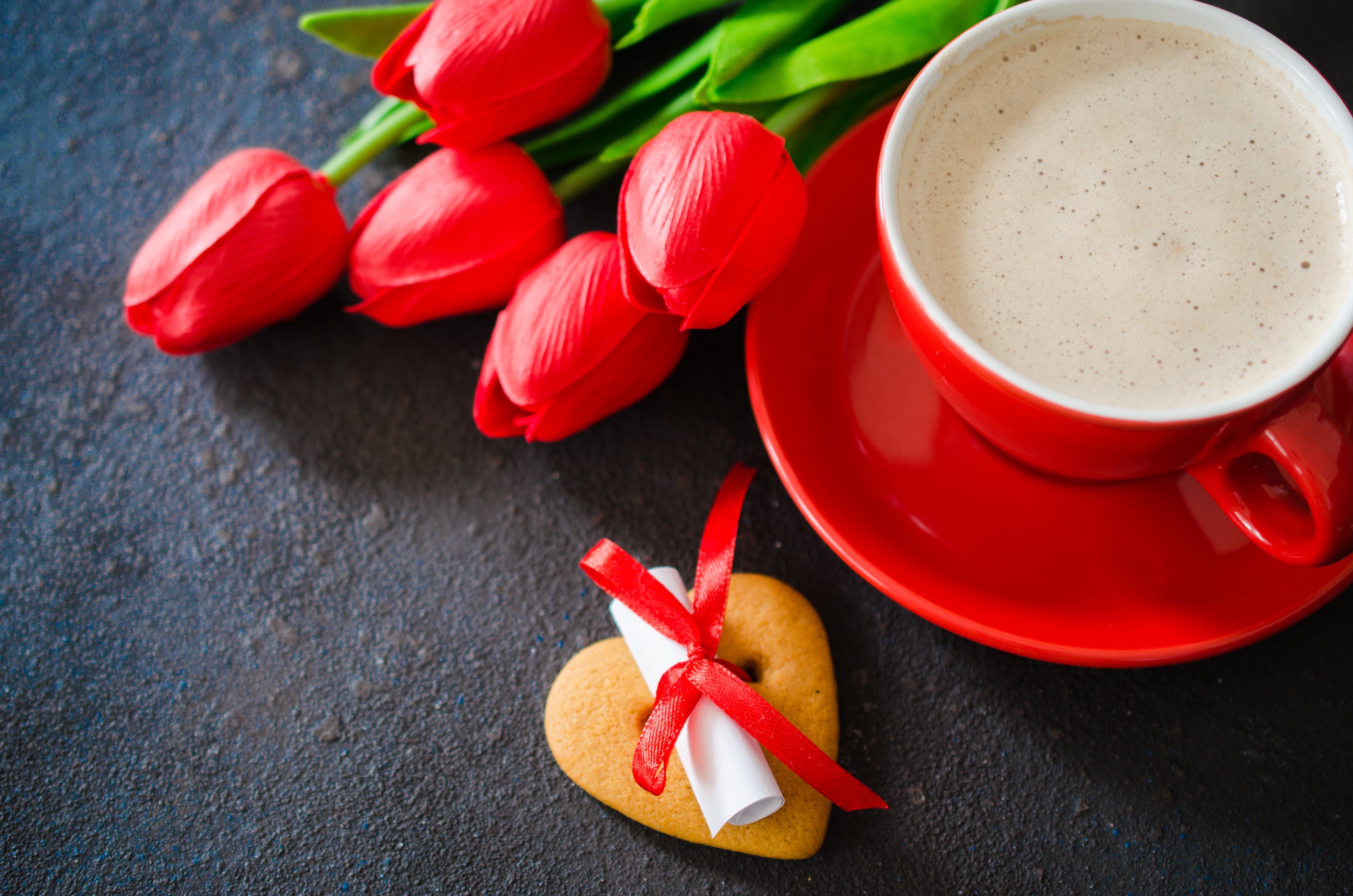 Download mobile wallpaper Valentine's Day, Flower, Cup, Holiday, Tulip, Red Flower for free.