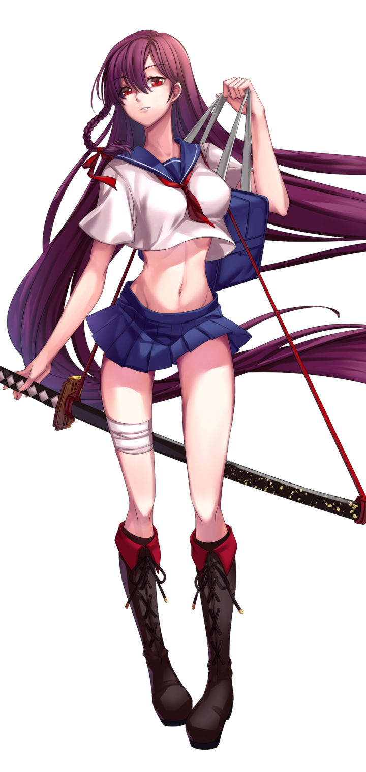 Download mobile wallpaper Anime, Schoolgirl, Original, Katana, School Uniform, Red Eyes, Long Hair for free.