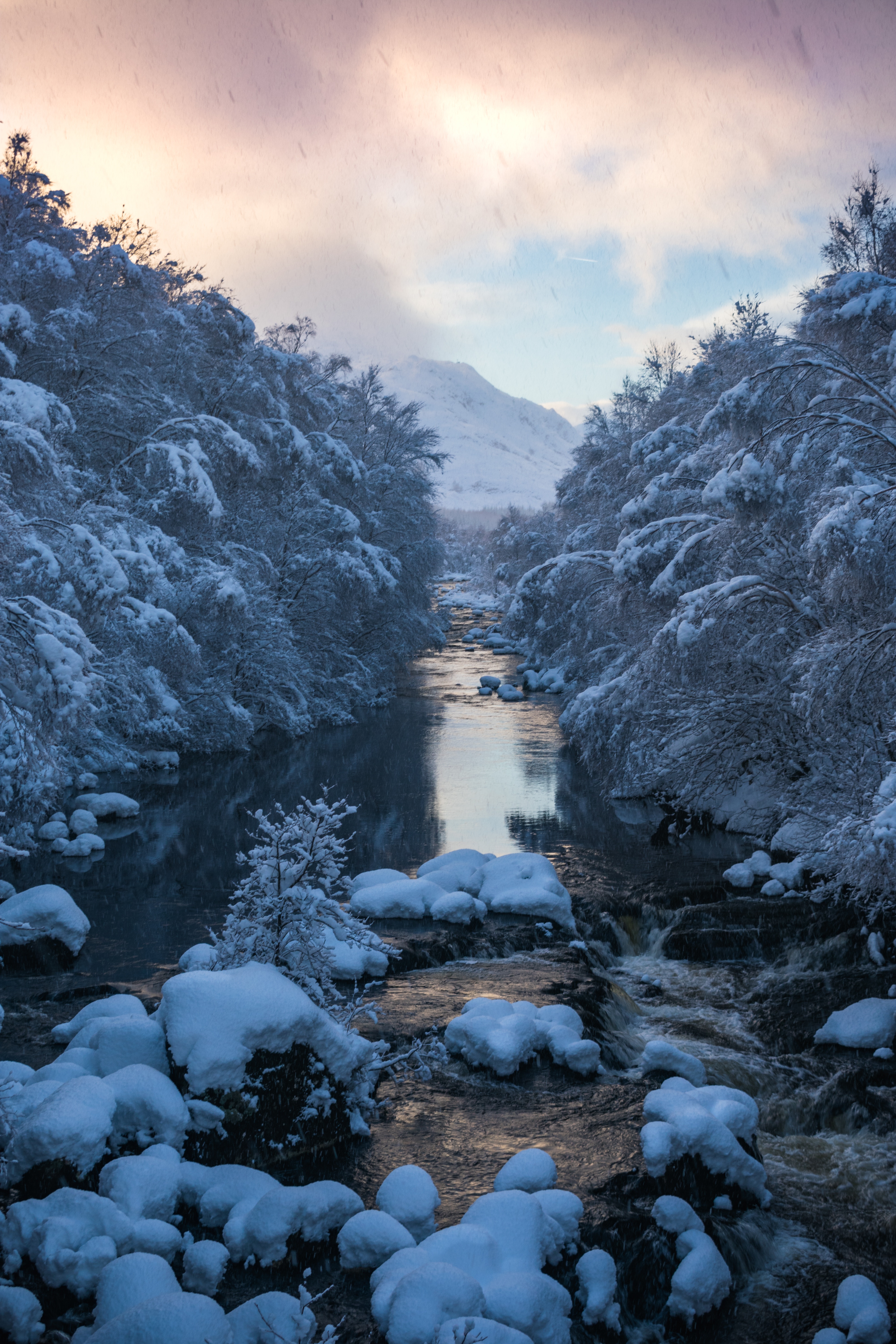 Free download wallpaper Nature, Rivers, Trees, Snow, Mountain, Flow, Sky on your PC desktop