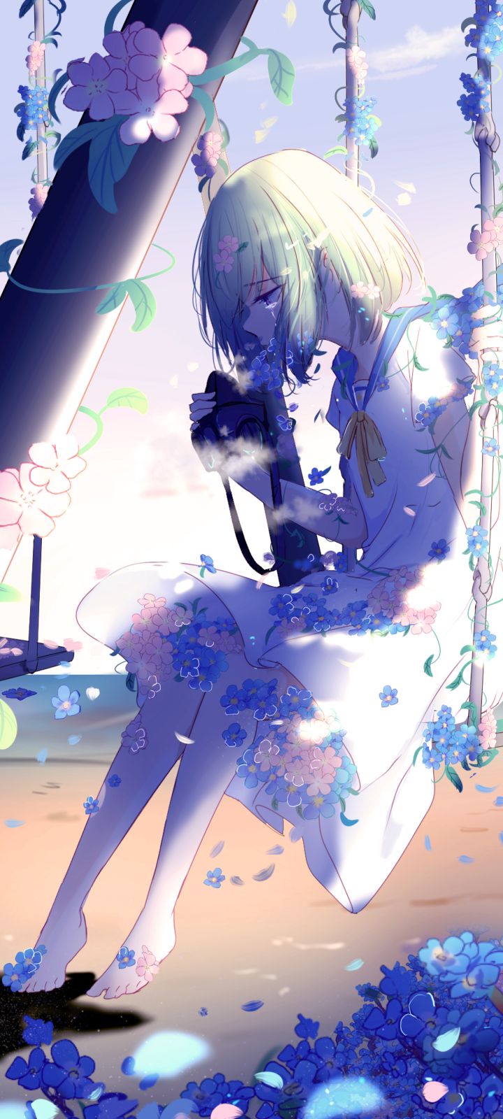 Download mobile wallpaper Anime, Flower, Girl, Swing, Sad, School Uniform, Short Hair for free.