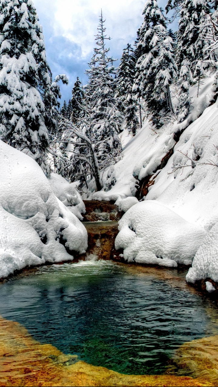 Скачать картинку Зима, Вода, Снег, Гора, Дерево, Ручей, Земля/природа в телефон бесплатно.