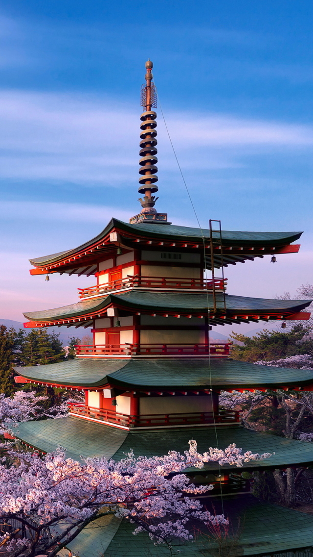 Скачати мобільні шпалери Сакура, Квітка, Земля, Пагода, Японія, Гора Фудзі, Вулкани безкоштовно.