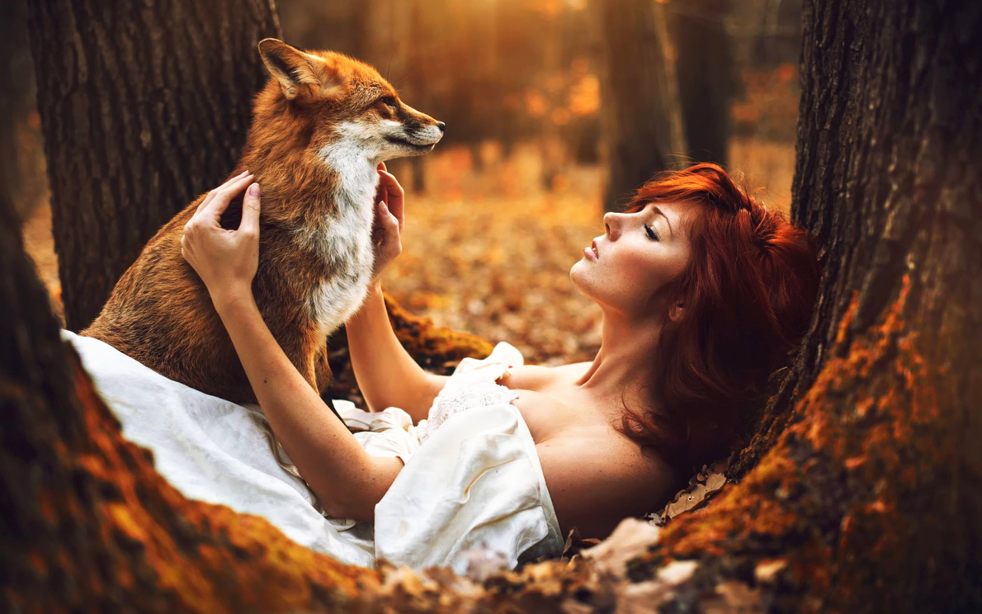 women, mood, forest, red fox, redhead