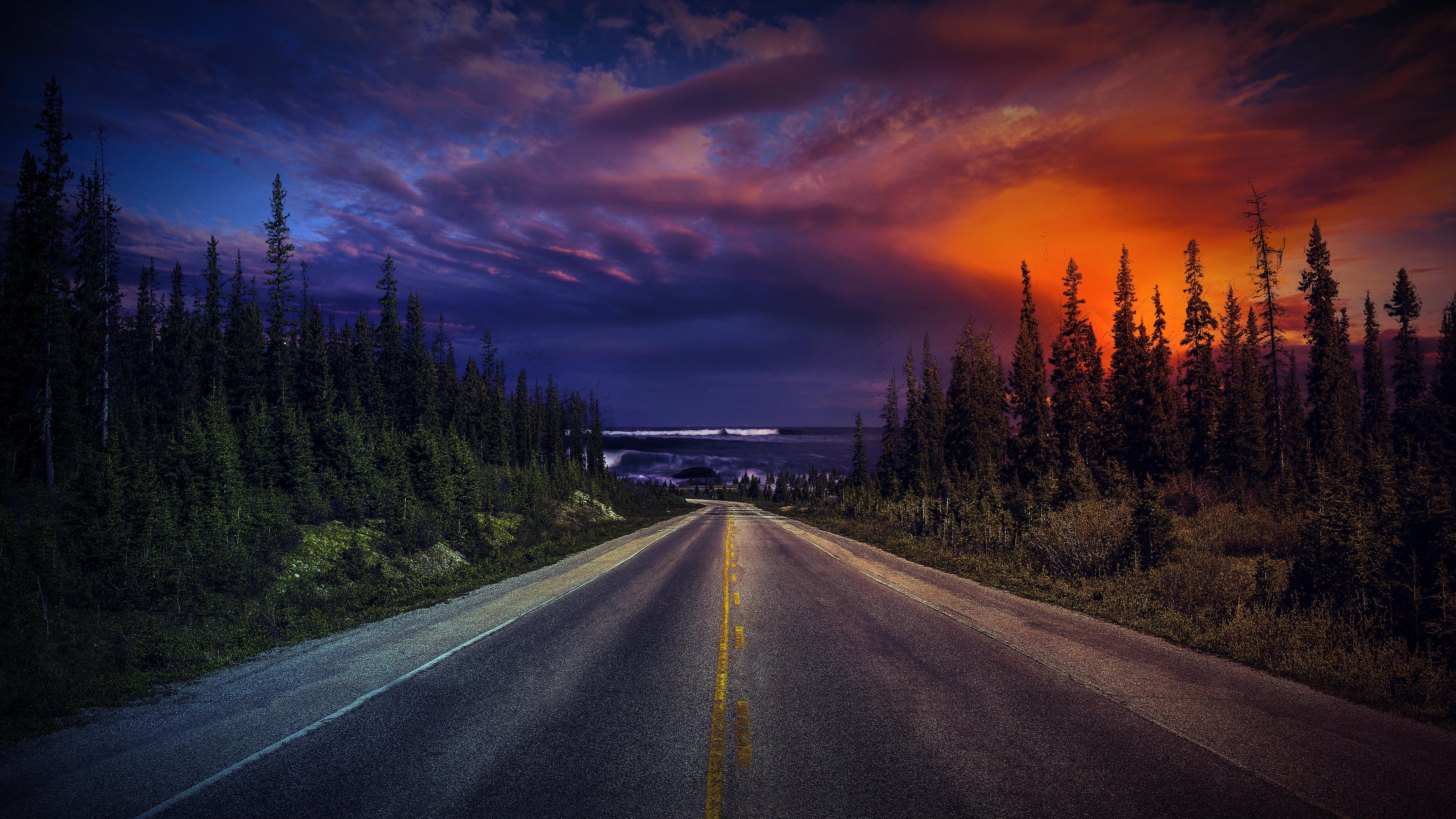 Free download wallpaper Nature, Sunset, Sky, Horizon, Road, Tree, Man Made on your PC desktop