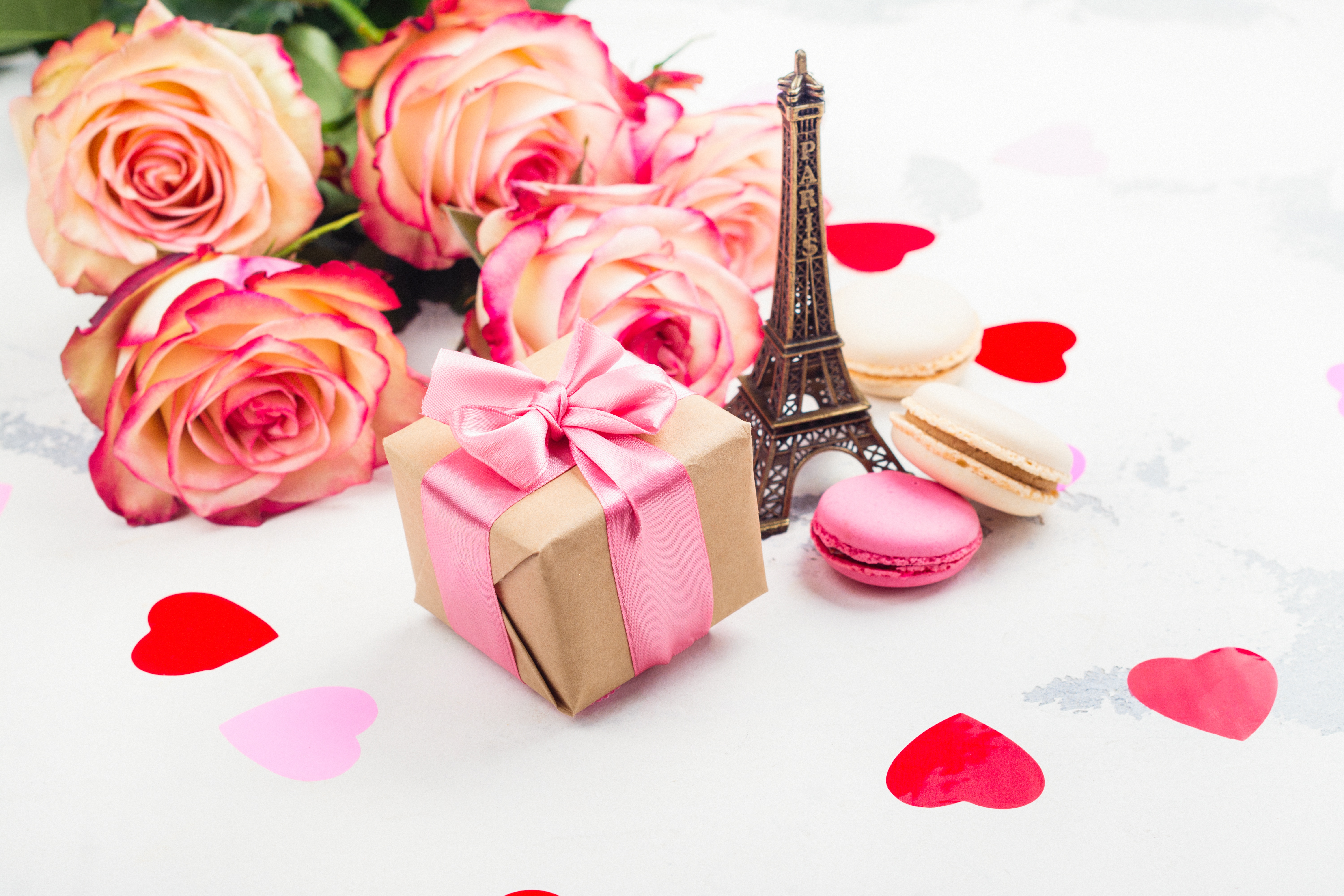 Download mobile wallpaper Eiffel Tower, Still Life, Rose, Gift, Macaron, Misc for free.