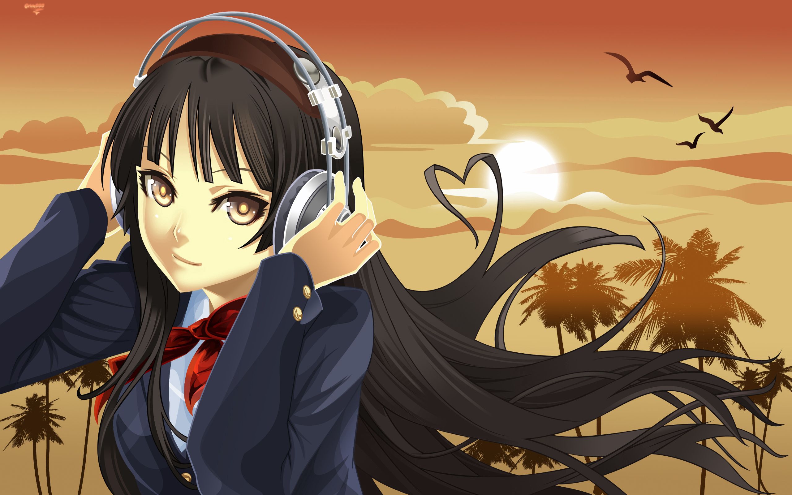 Download mobile wallpaper Sunset, Brunette, Girl, Headphones, Music, Anime for free.
