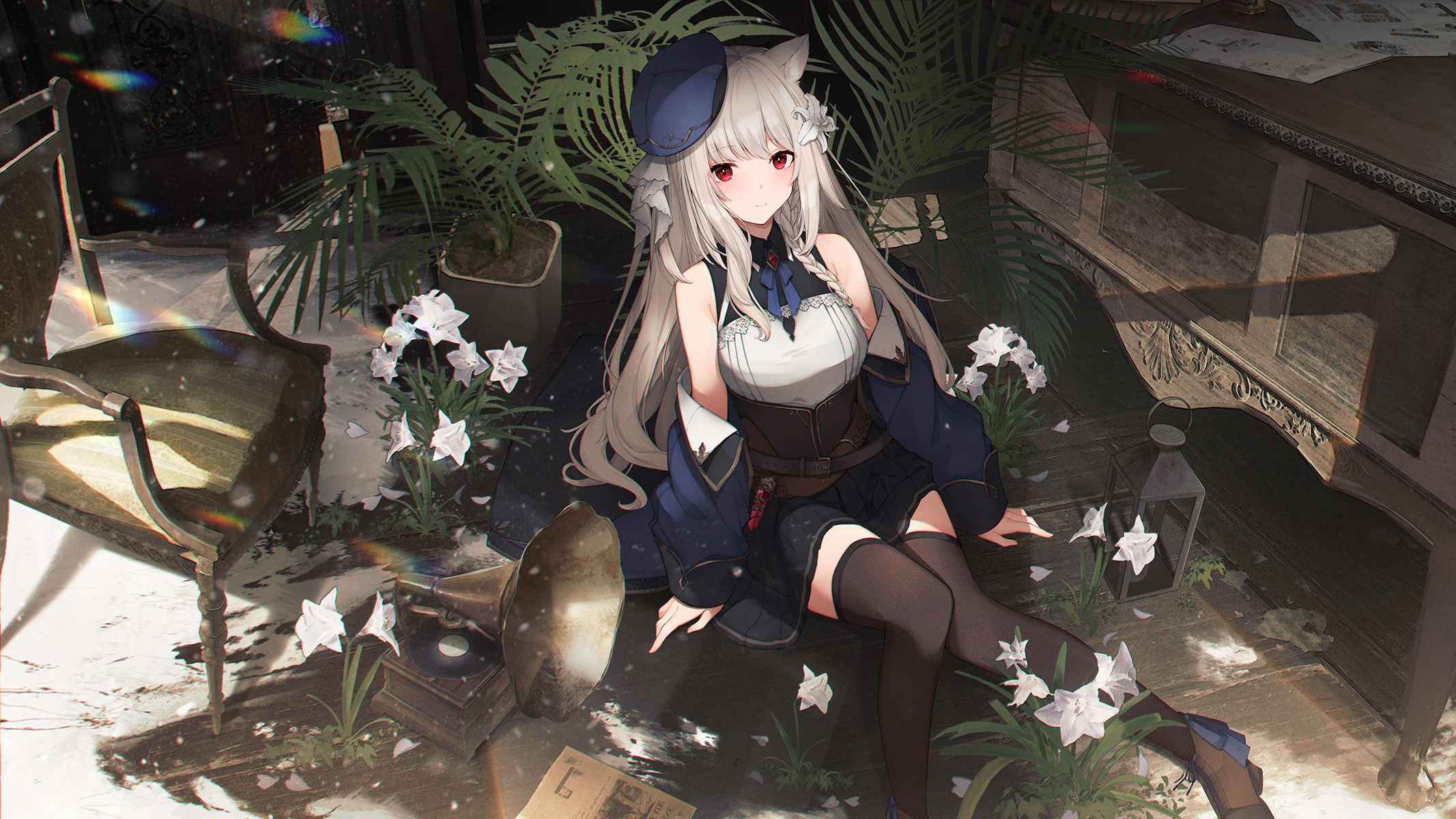 Download mobile wallpaper Anime, Flower, Girl, Red Eyes, Long Hair, White Hair, Animal Ears for free.