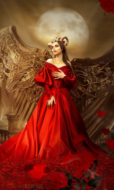 Download mobile wallpaper Fantasy, Angel, Horns, Red Dress for free.