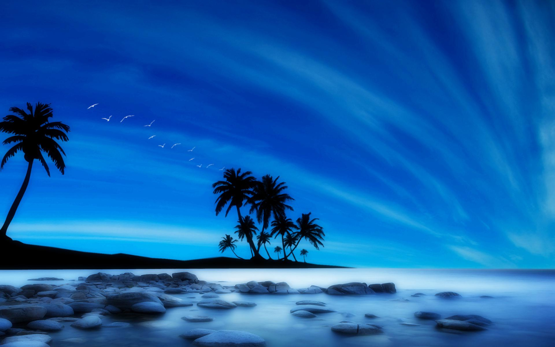 Download mobile wallpaper Sea, Horizon, Silhouette, Ocean, Earth, Palm Tree for free.