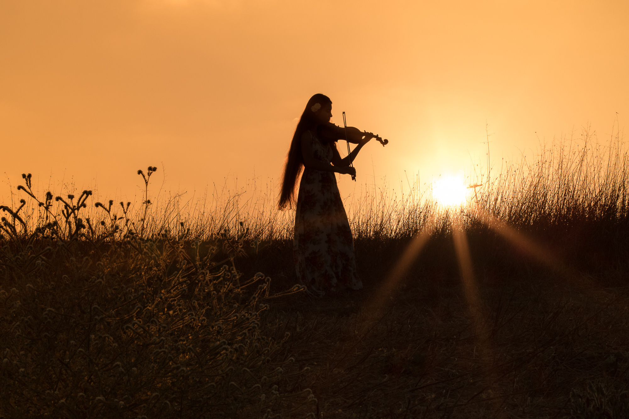 Download mobile wallpaper Sunset, Silhouette, Mood, Women, Violin for free.