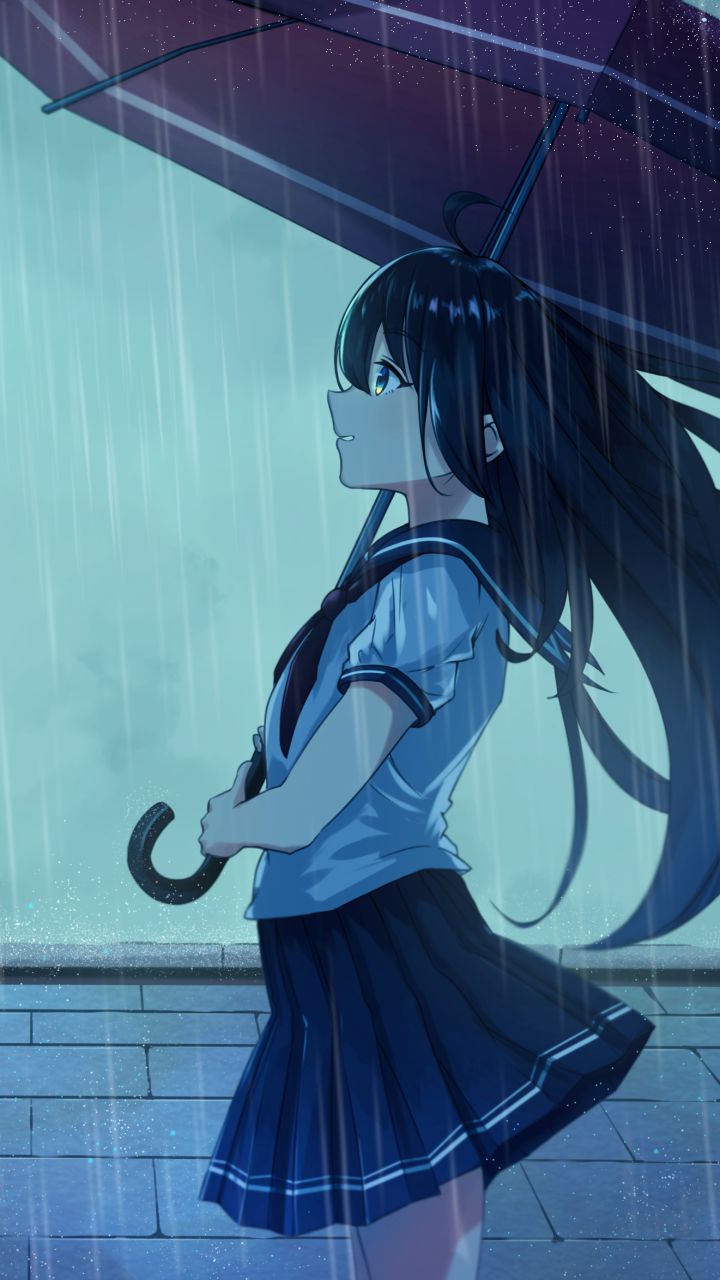 Handy-Wallpaper Regen, Regenschirm, Original, Animes, Schwarzes Haar, Lange Haare kostenlos herunterladen.