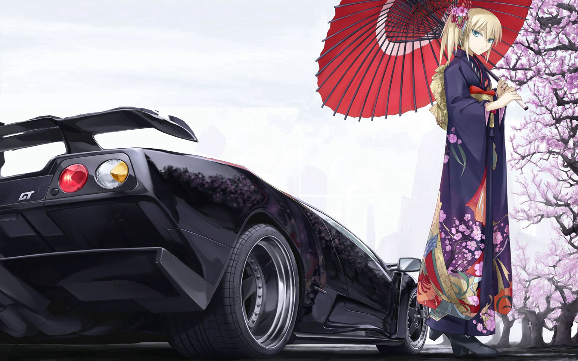 152213 télécharger l'image anime, kimono, sakura, une voiture, machine, fille, parapluie, classique - fonds d'écran et économiseurs d'écran gratuits
