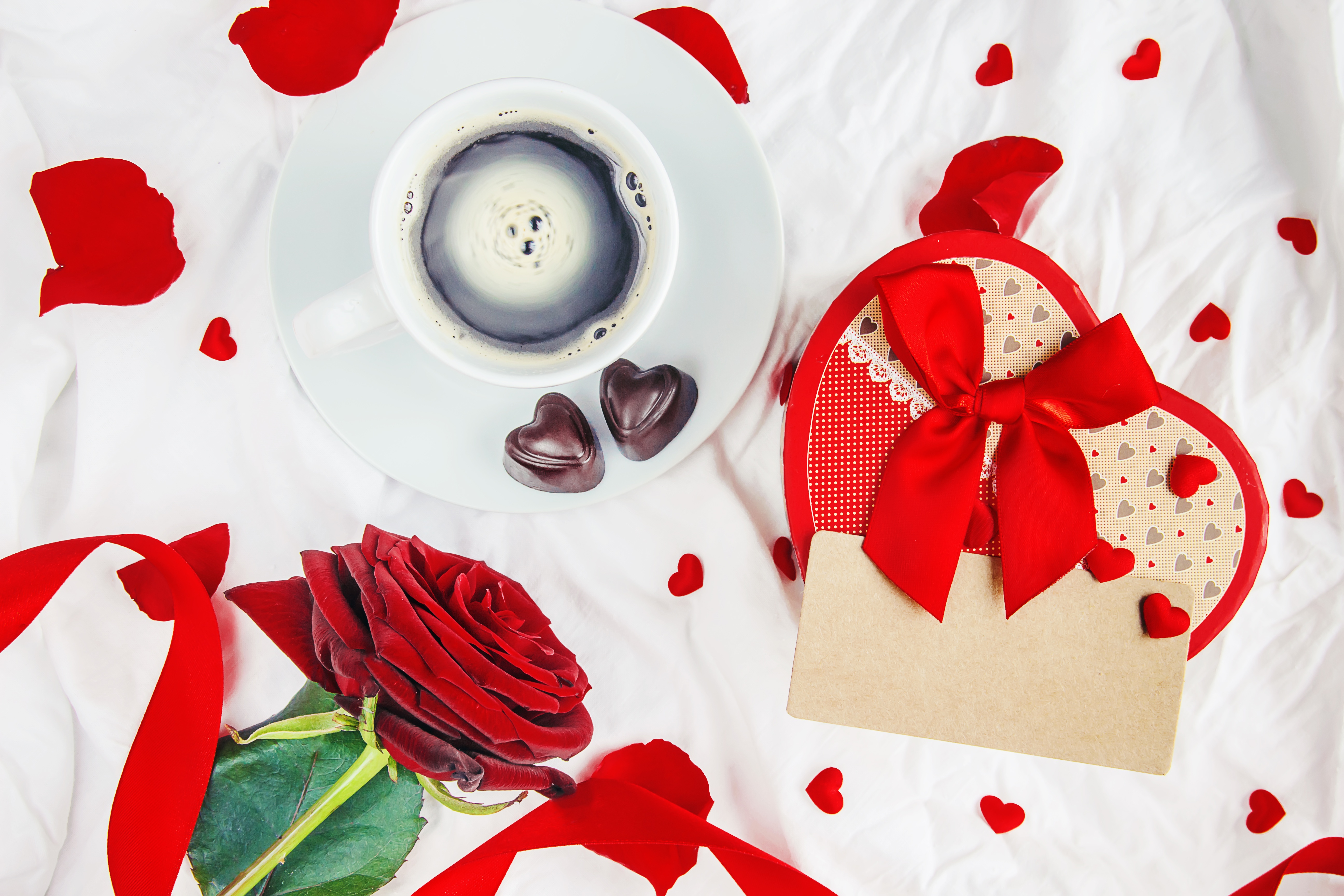 Laden Sie das Feiertage, Valentinstag, Rose, Geschenk, Rote Blume, Stillleben, Kaffee-Bild kostenlos auf Ihren PC-Desktop herunter