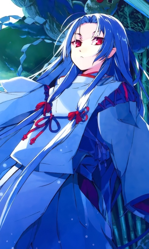 Download mobile wallpaper Anime, Flower, Girl, Blue Hair, Red Eyes, Long Hair for free.