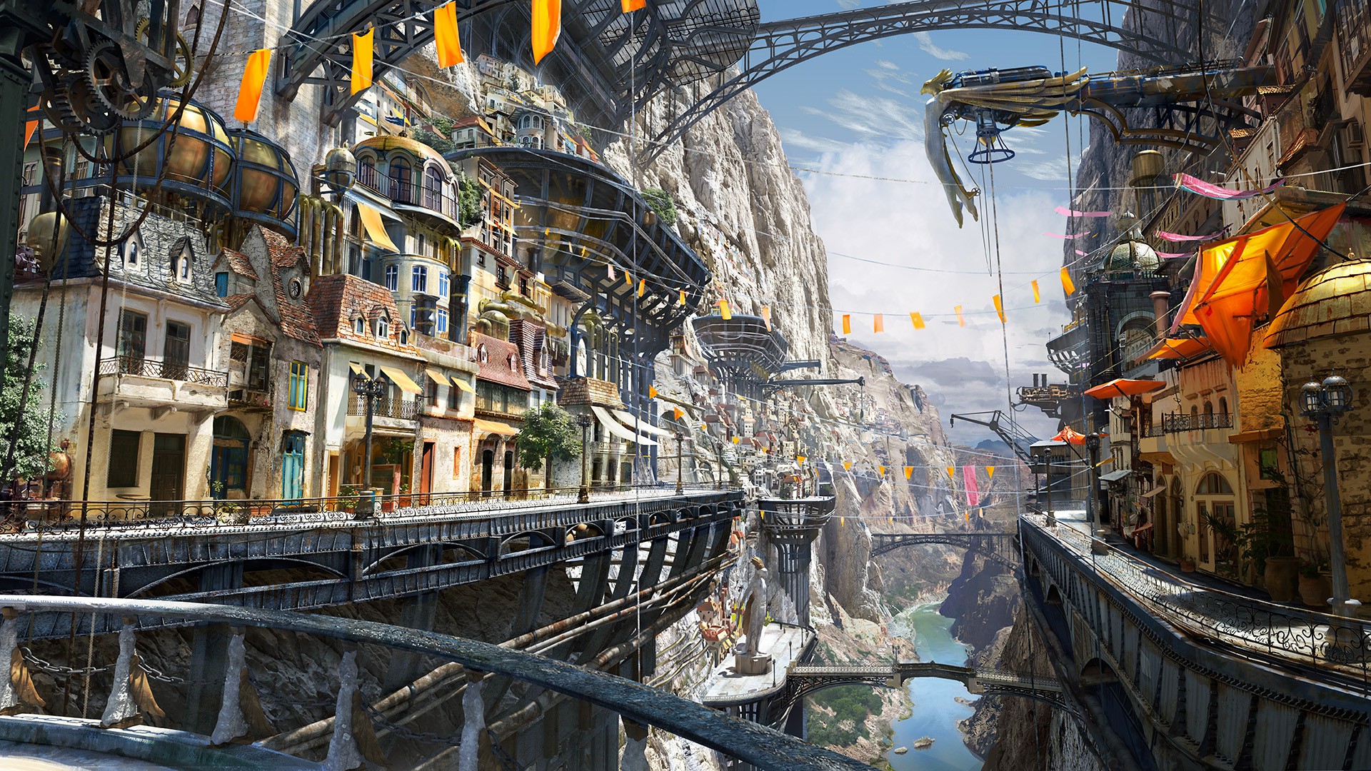 Free download wallpaper City, Mountain, Bridge, Sci Fi, Street, Steampunk on your PC desktop