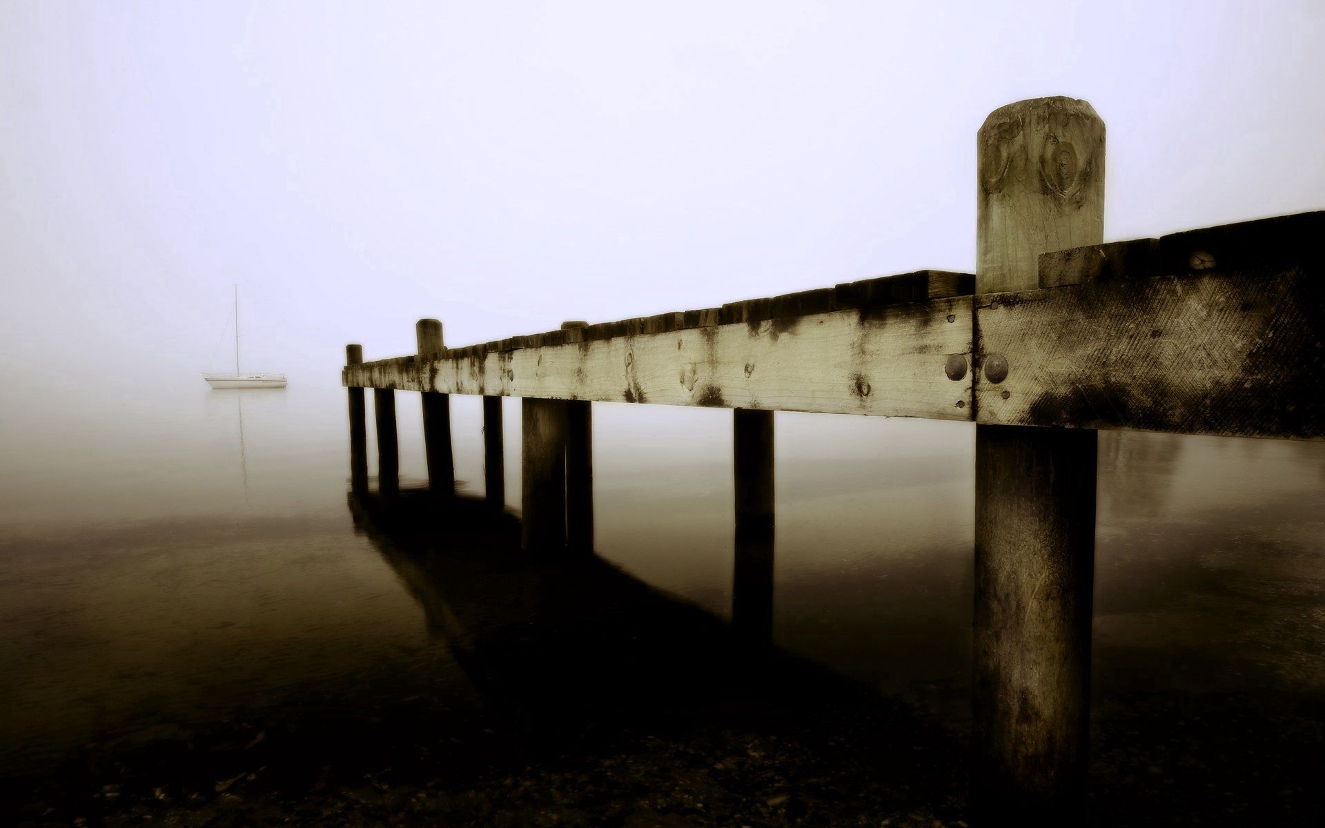 android nature, sea, pier, fog, boat, planks, board
