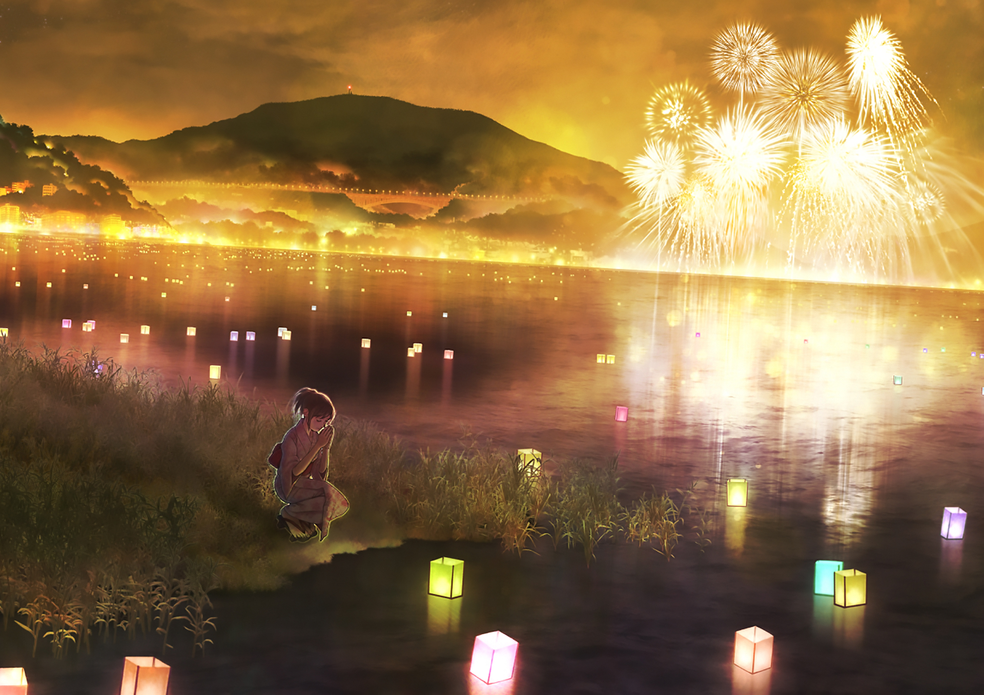 Download mobile wallpaper Anime, Night, Lantern, Fireworks, Original for free.