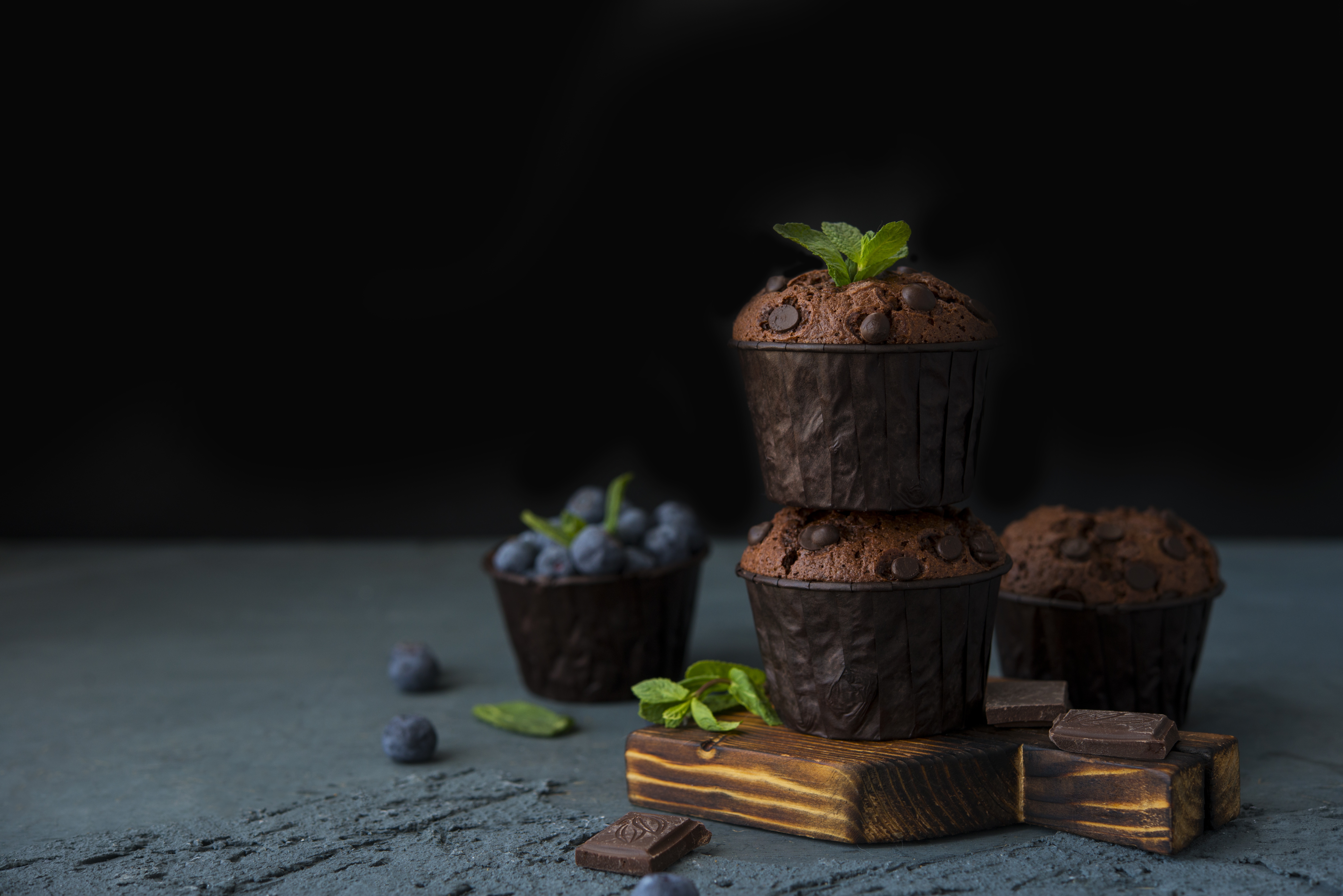 Download mobile wallpaper Food, Chocolate, Blueberry, Still Life, Muffin for free.