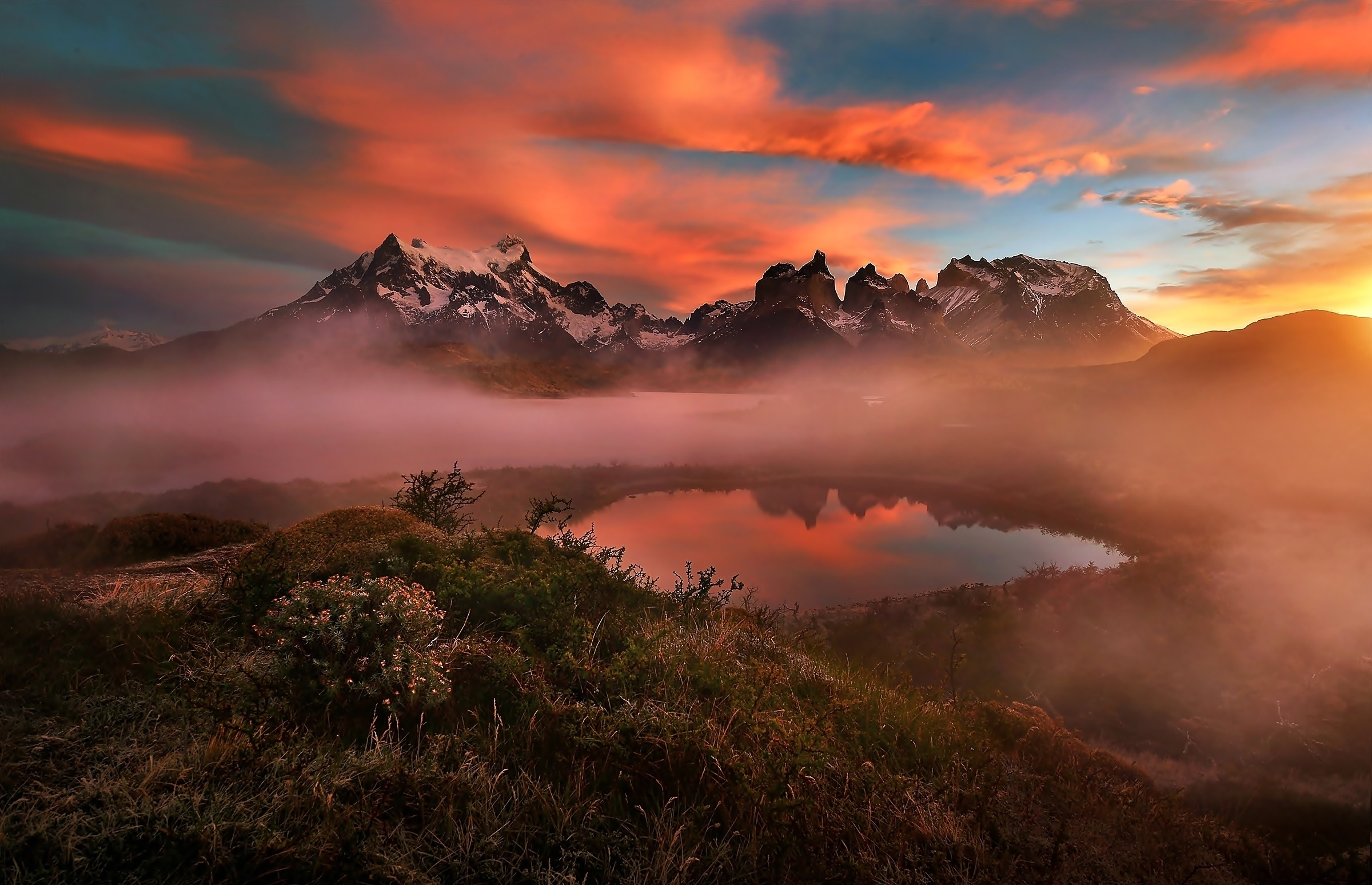 Téléchargez gratuitement l'image Paysage, Coucher De Soleil, Montagne, Lac, Brouillard, La Nature, Terre/nature sur le bureau de votre PC