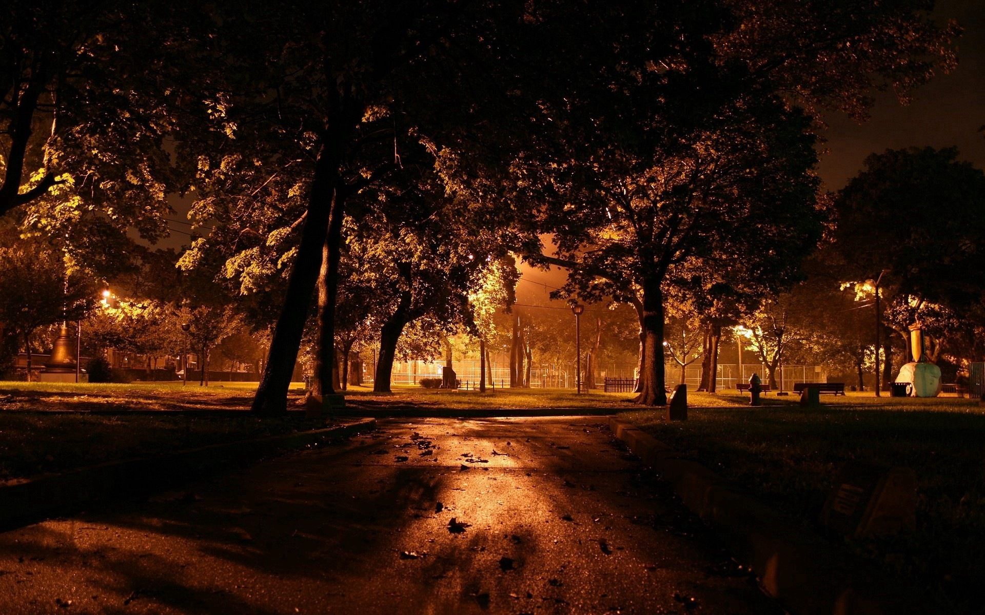 Free download wallpaper Nature, Trees, Leaves, Asphalt, Illumination, Evening, Park, Lighting on your PC desktop