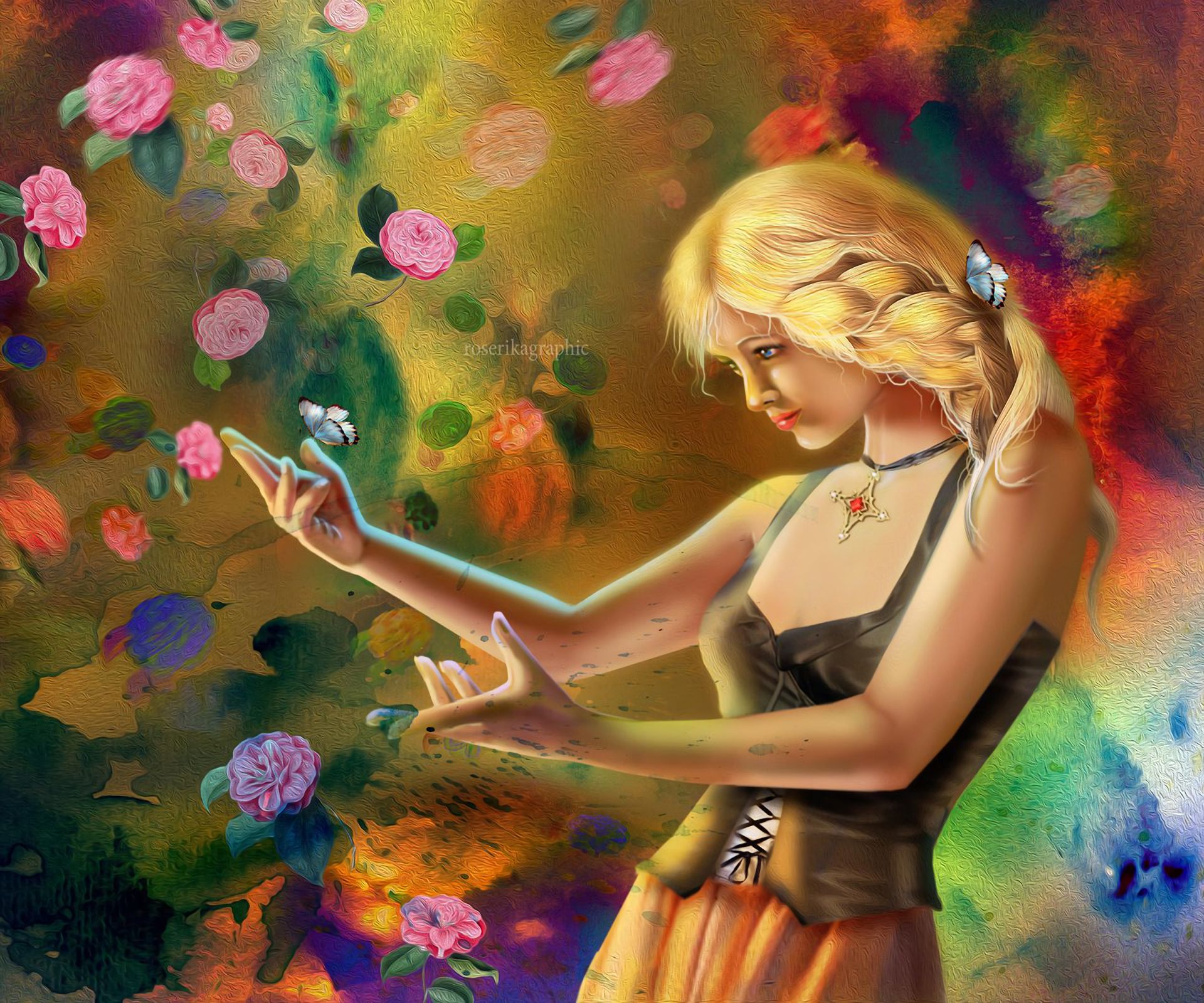 Download mobile wallpaper Fantasy, Flower, Butterfly, Blonde, Women for free.