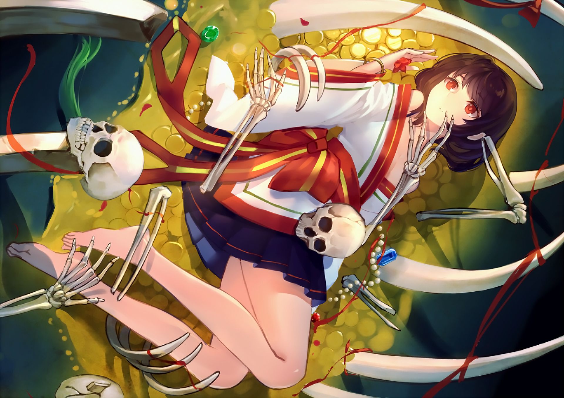 anime, original, japanese clothes, lying down, red eyes, short hair, skeleton, skull, treasure
