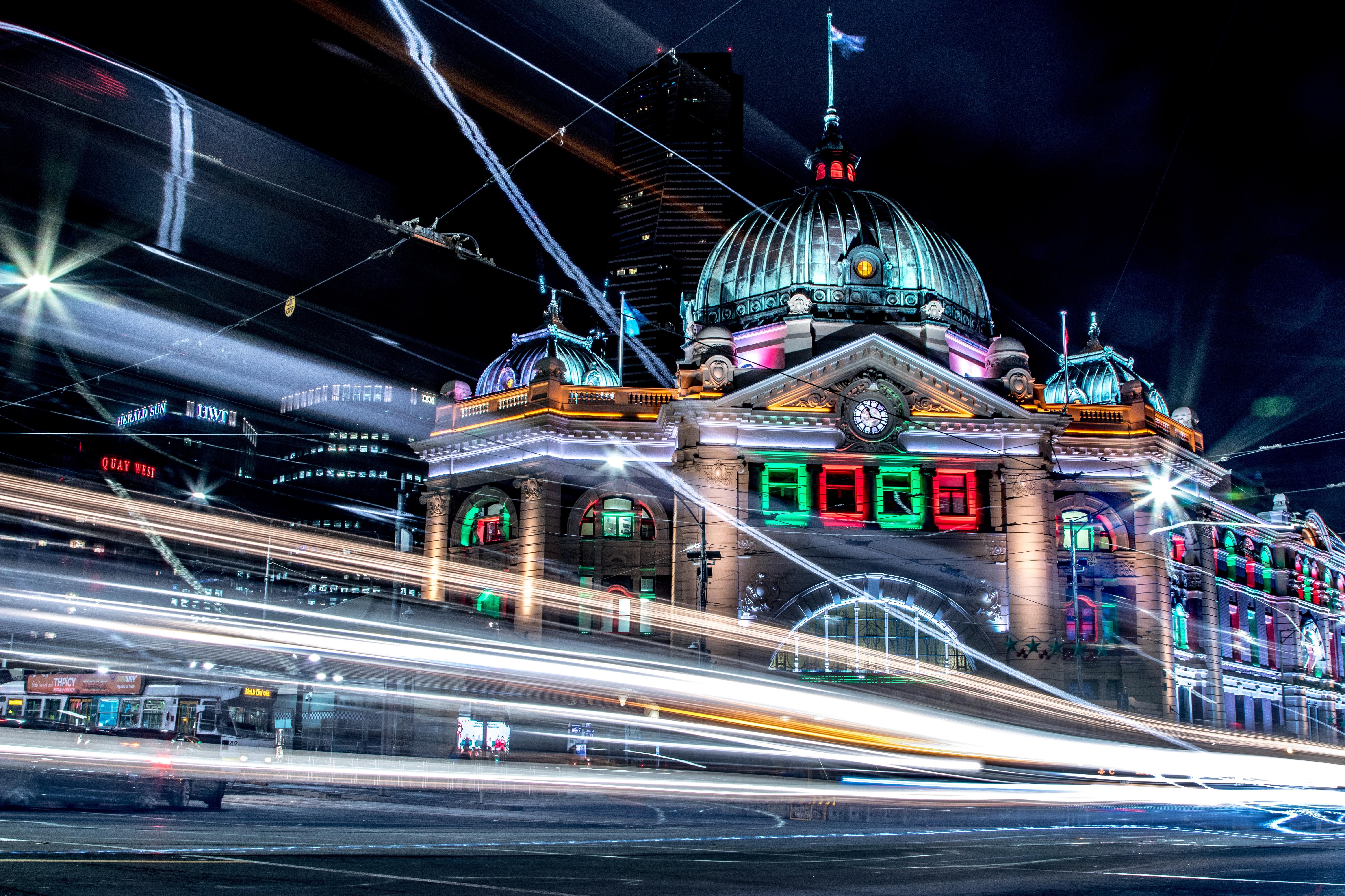 Download mobile wallpaper Night, Architecture, Building, Light, Photography, Australia, Melbourne, Time Lapse for free.