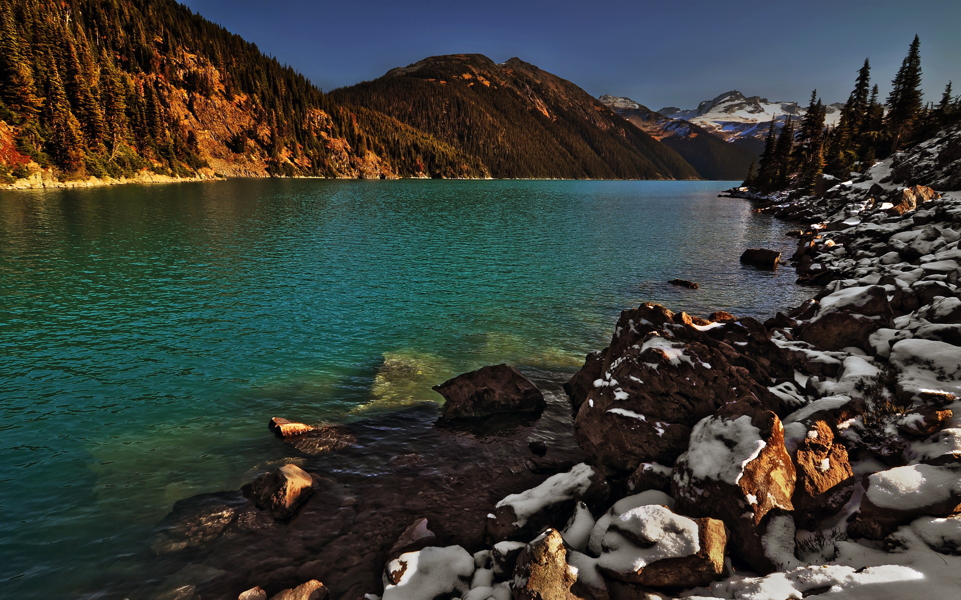 Laden Sie das Landschaft, Winter, Schnee, Seen, See, Wald, Gebirge, Szene, Erde/natur-Bild kostenlos auf Ihren PC-Desktop herunter