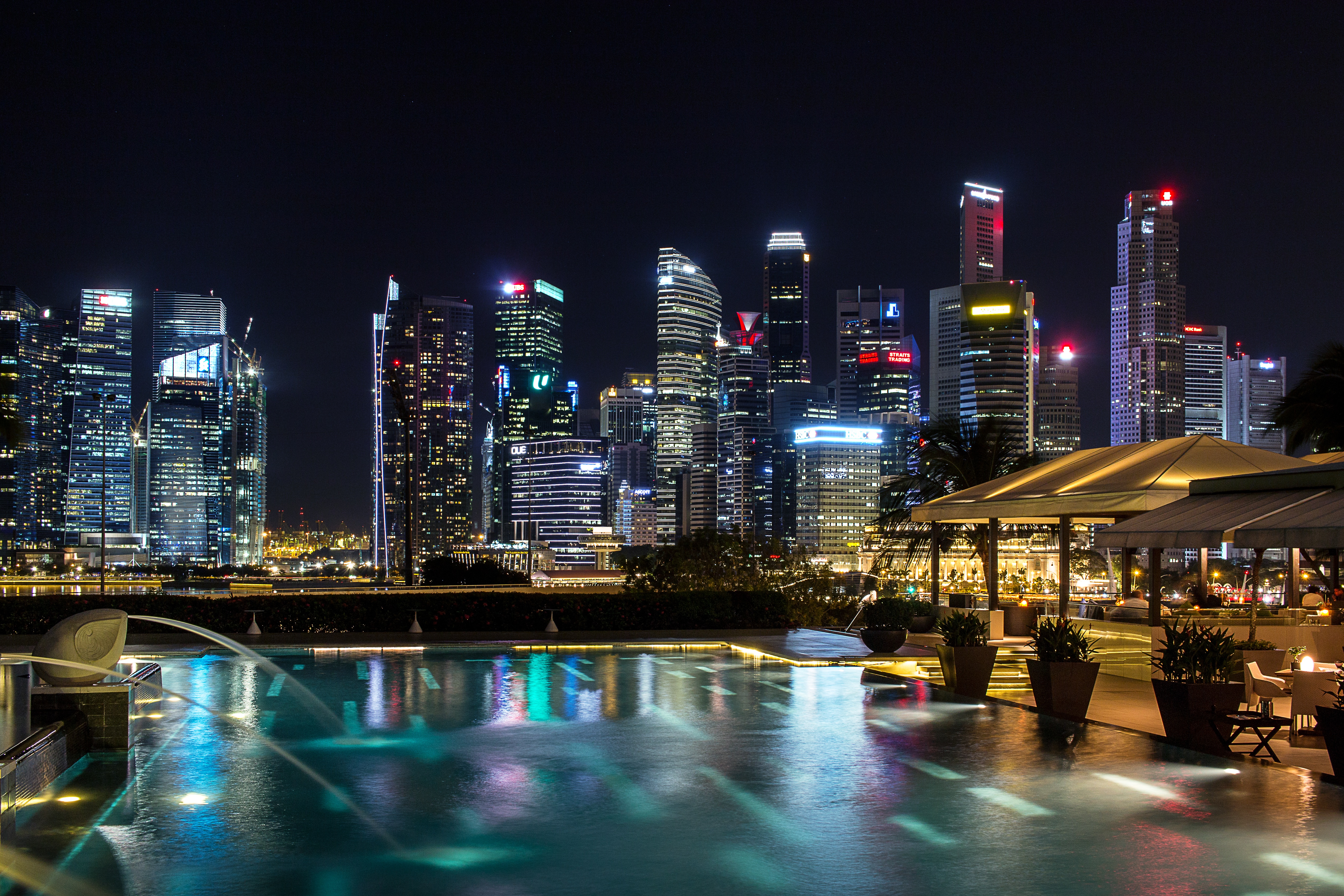 singapore, cities, night, skyscrapers, light show