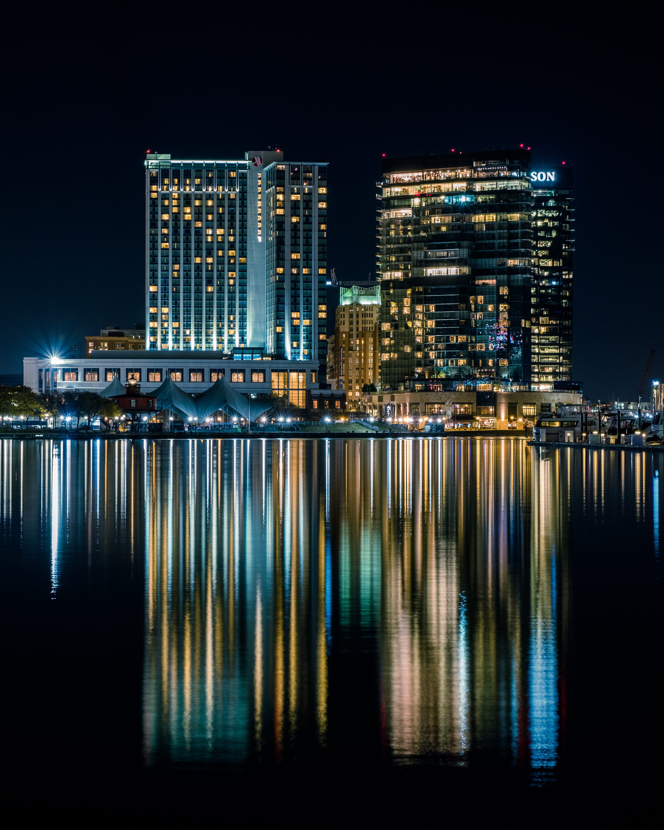 harbor, cities, building, reflection, night city, baltimore