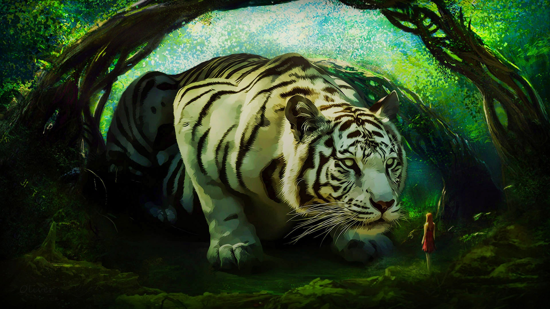 Download mobile wallpaper Fantasy, Forest, Tiger, White Tiger, Giant, Fantasy Animals for free.
