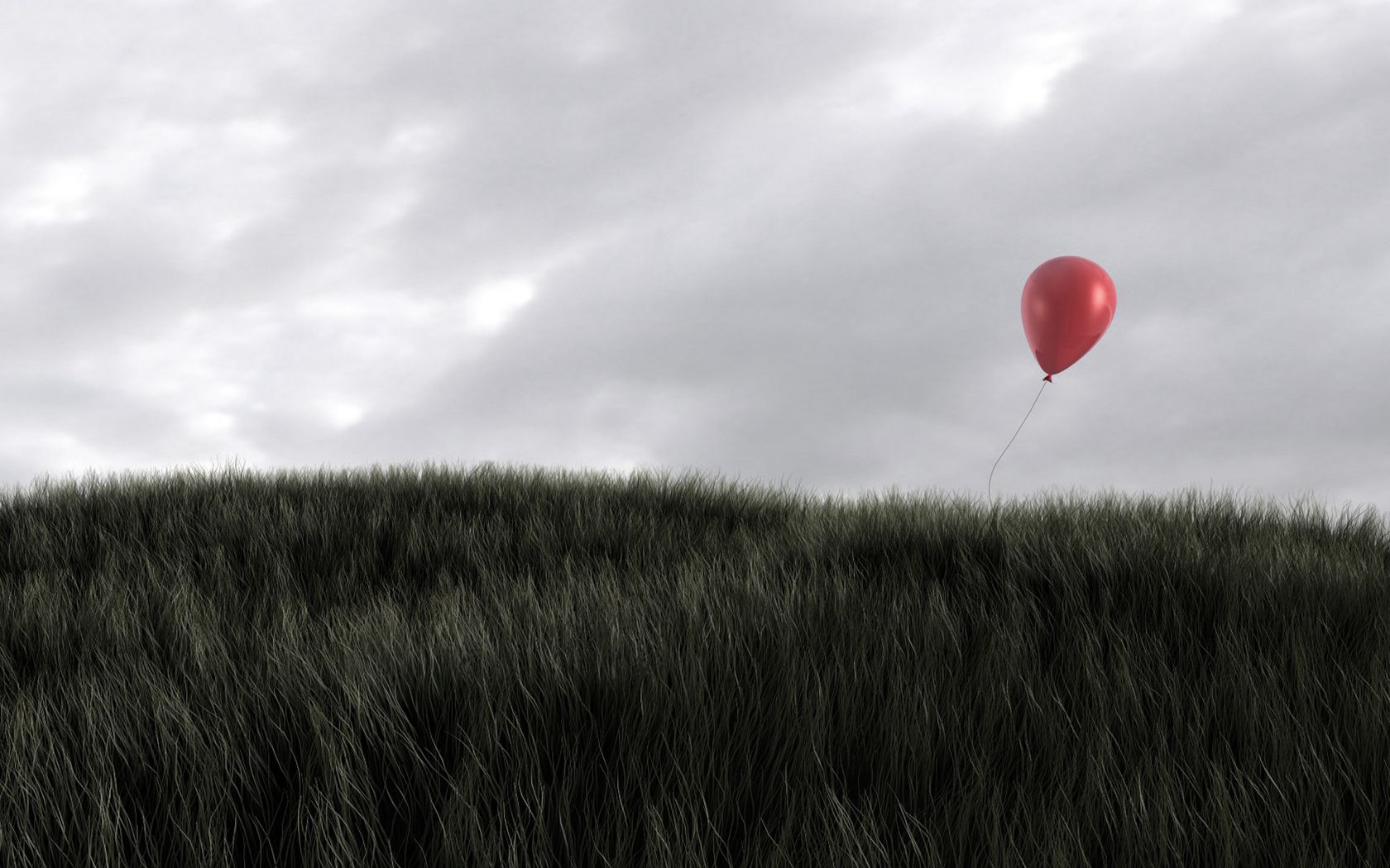 grass, sky, red, miscellanea, miscellaneous, balloon, wind