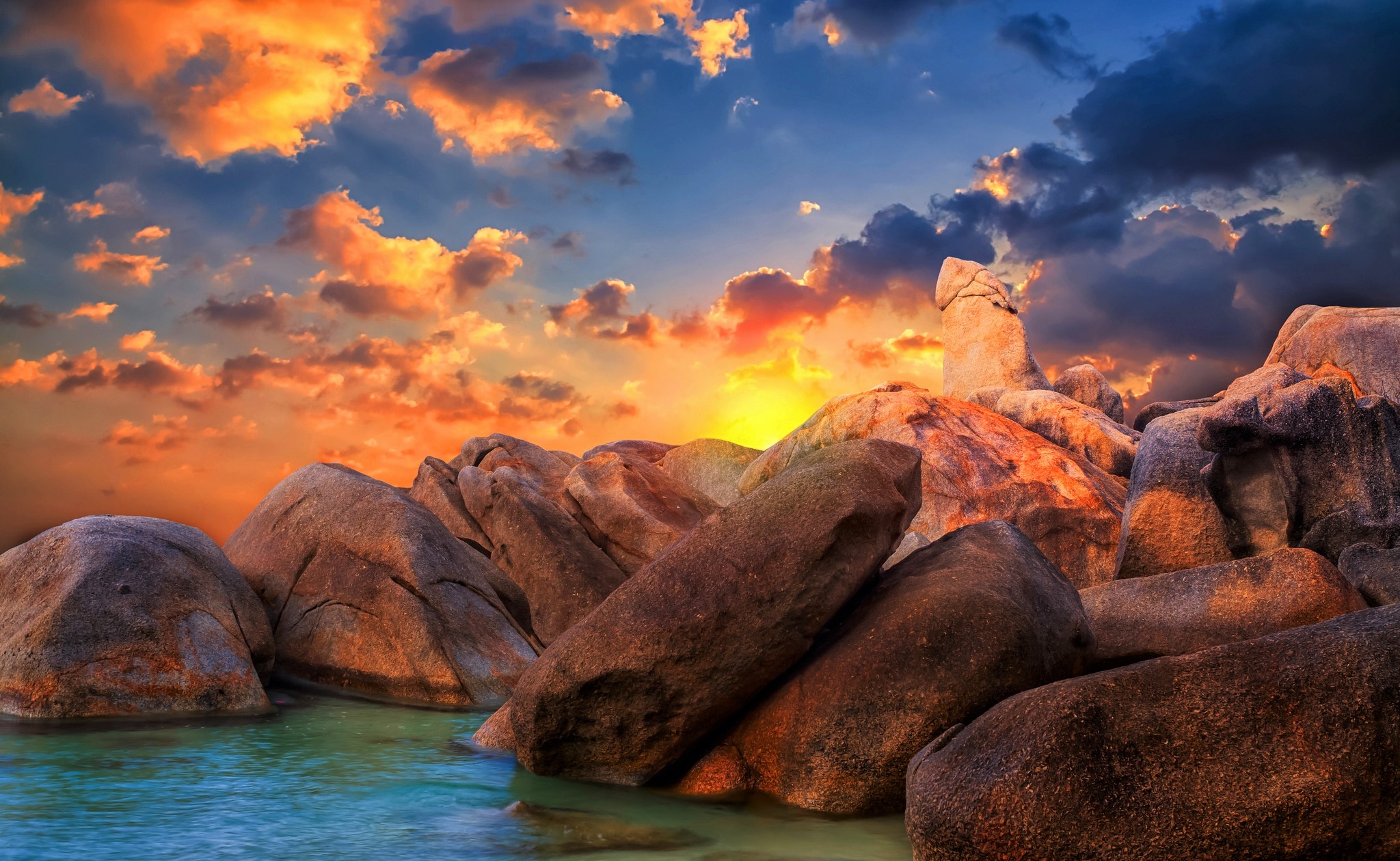 Download mobile wallpaper Sunset, Sky, Sea, Rock, Ocean, Earth for free.