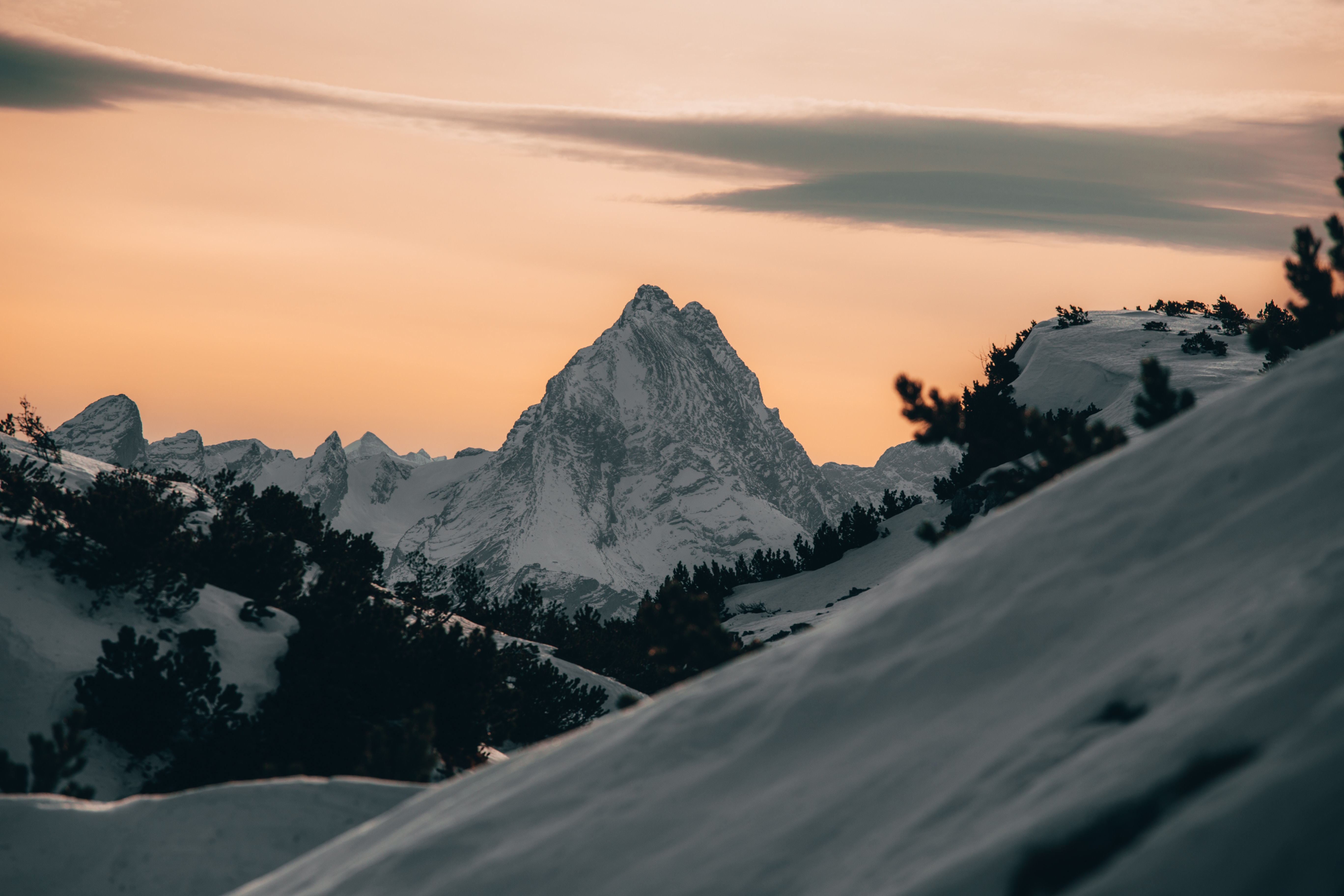 Download mobile wallpaper Snow, Dusk, Winter, Twilight, Mountains, Nature, Landscape for free.