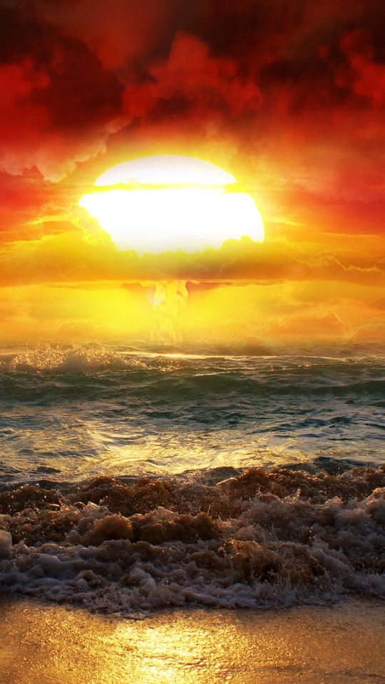 Download mobile wallpaper Sunset, Sun, Beach, Ocean, Wave, Photography, Manipulation for free.