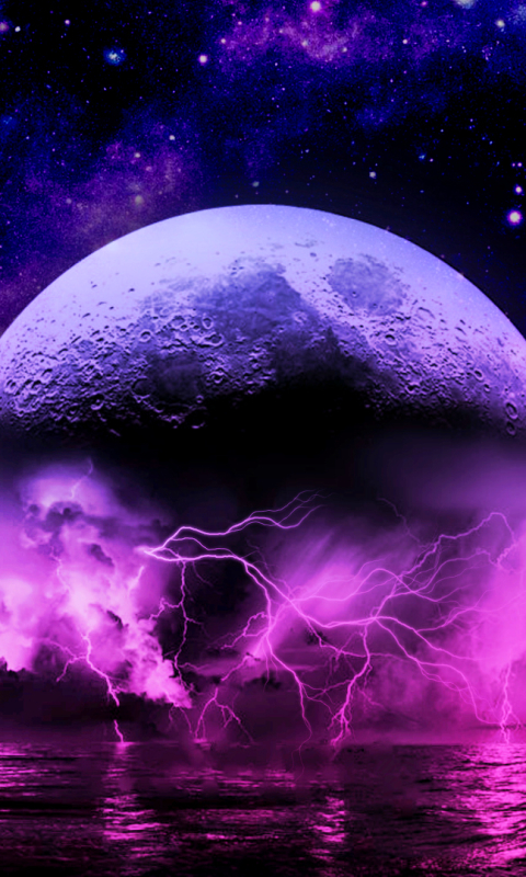 Download mobile wallpaper Sky, Stars, Lightning, Purple, Planet, Sci Fi, Cloud for free.